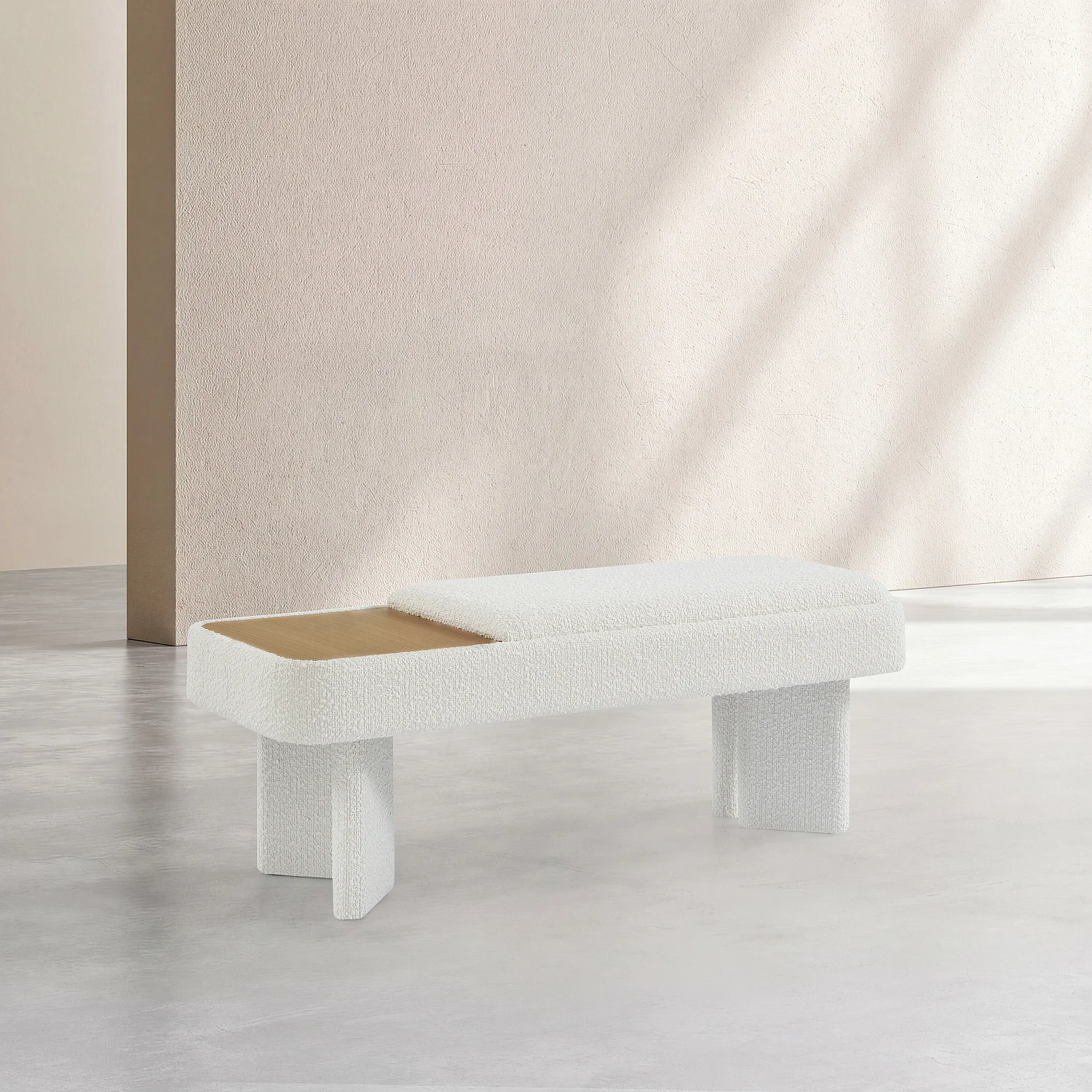 Banc en tissu bouclette et bois - Blanc et chêne - 2