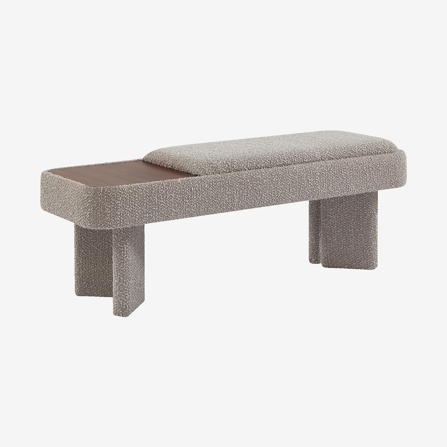 Panca in tessuto bouclé e legno - Grigio perla e noce - 1