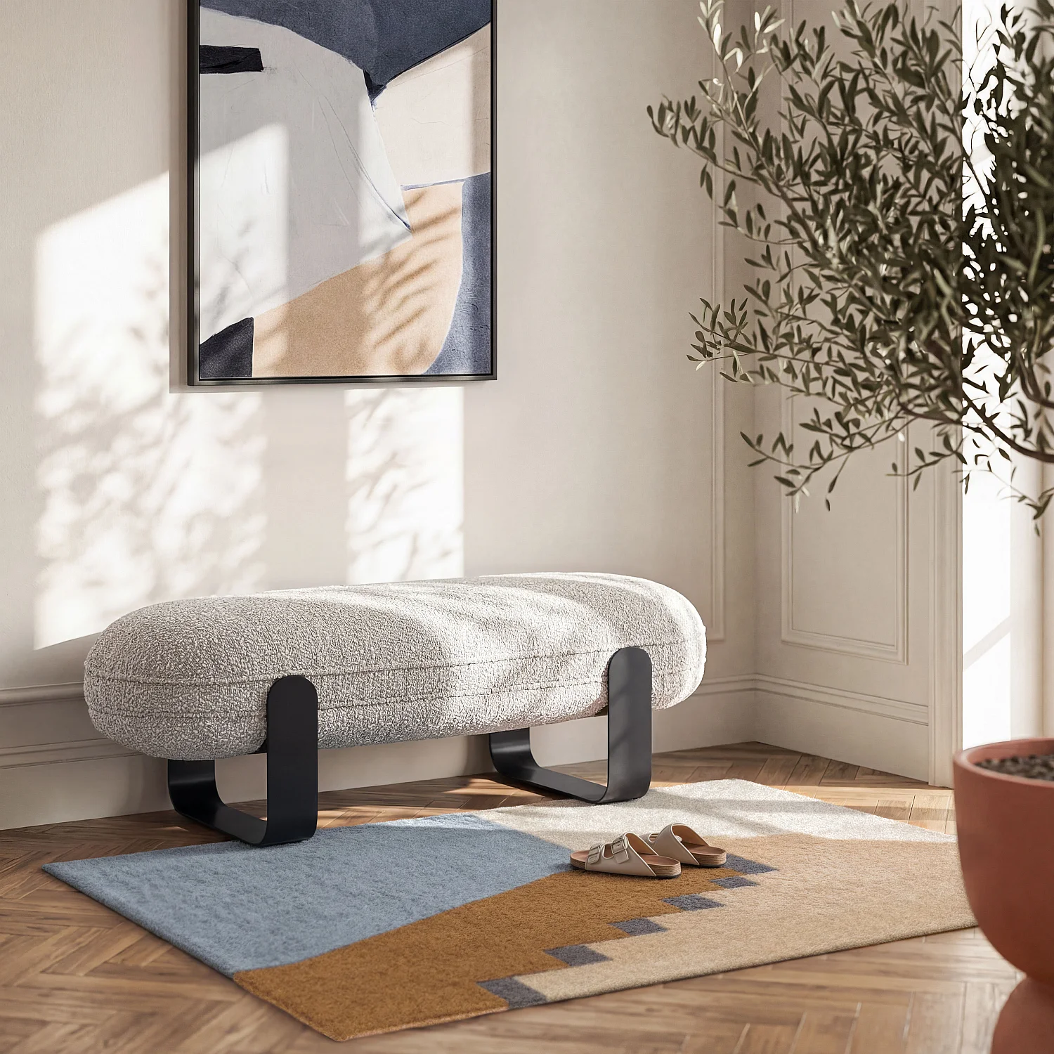 Panca in tessuto bouclé e metallo - Grigio perla e nero - 1
