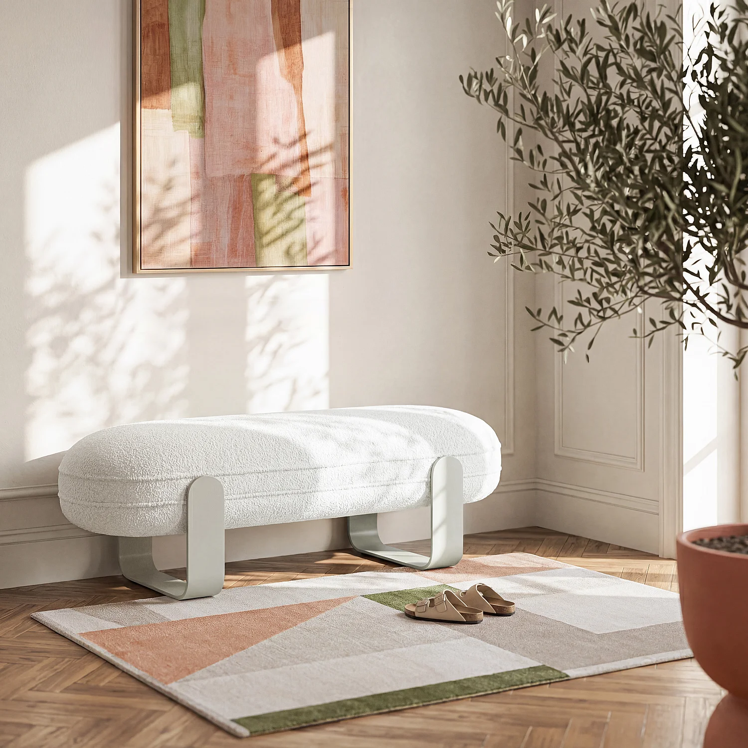 Banc en tissu bouclette et métal - Blanc et beige - 1