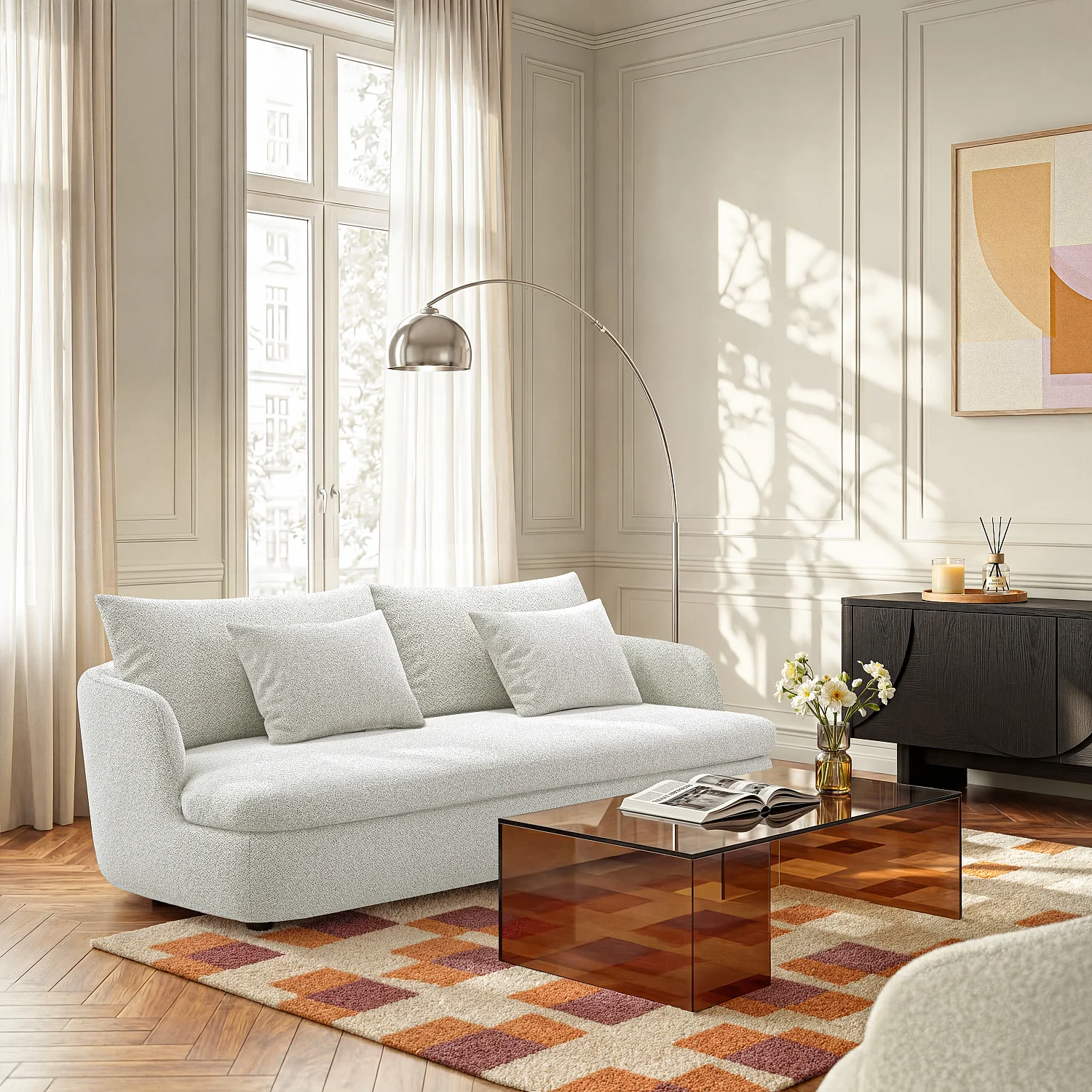 Canapé 3 places en tissu bouclette garni de plumes - Ivoire - 1