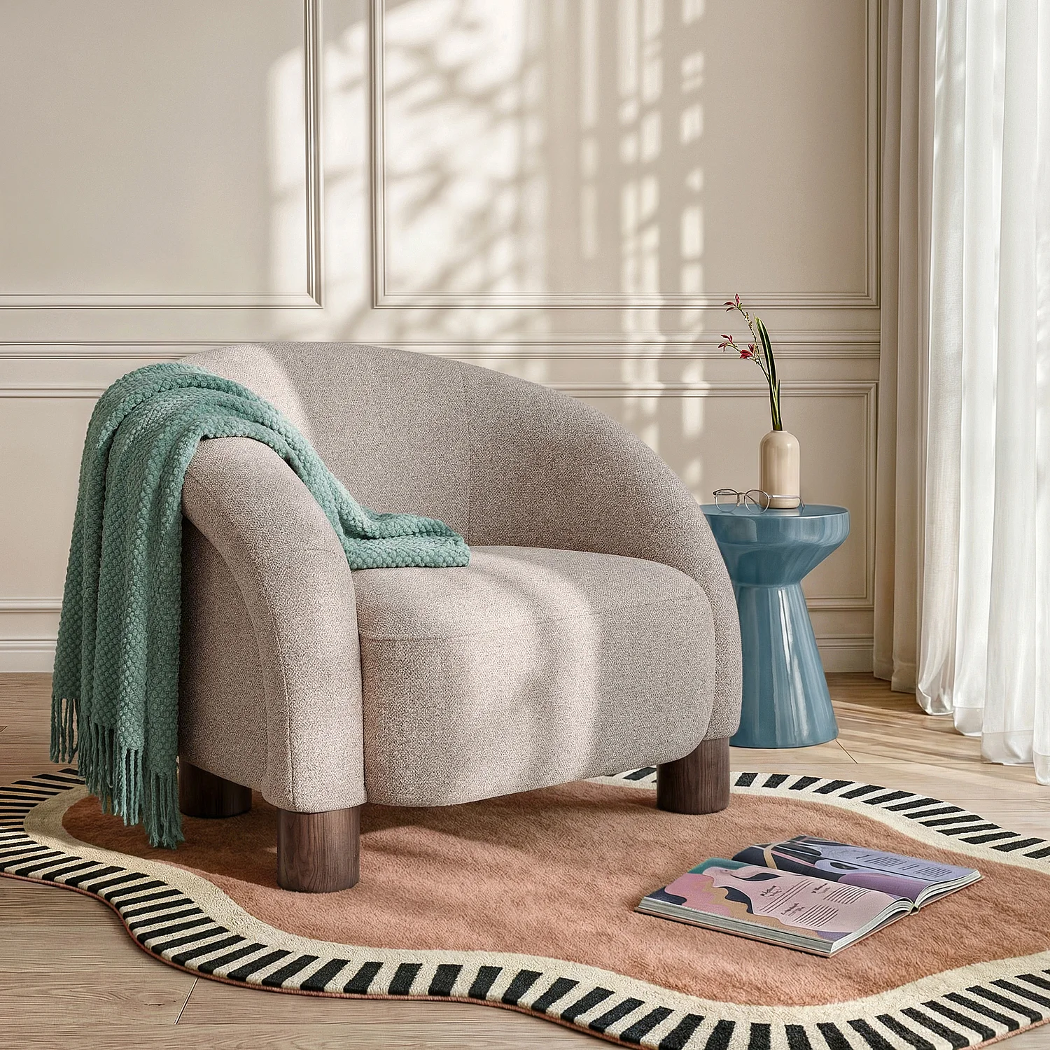 Fauteuil en tissu chenille et pieds en bois - Taupe mélangé - Design by Morten Georgsen - 1