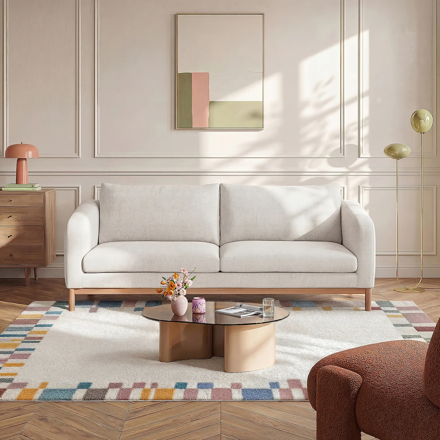 Canapé 3 places en tissu chenille et pieds en bois - Beige mélangé - 1