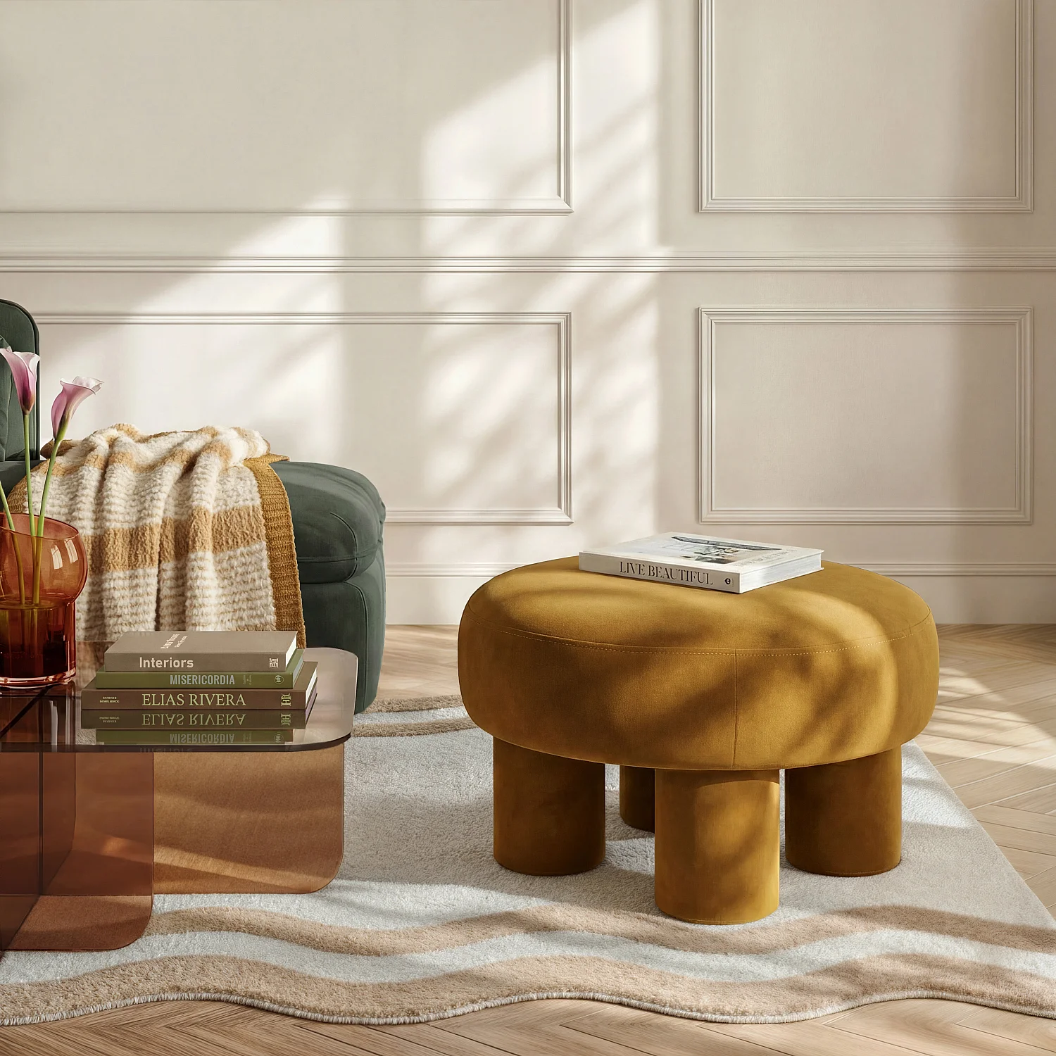 Grote poef van fluweel - Oker - 1