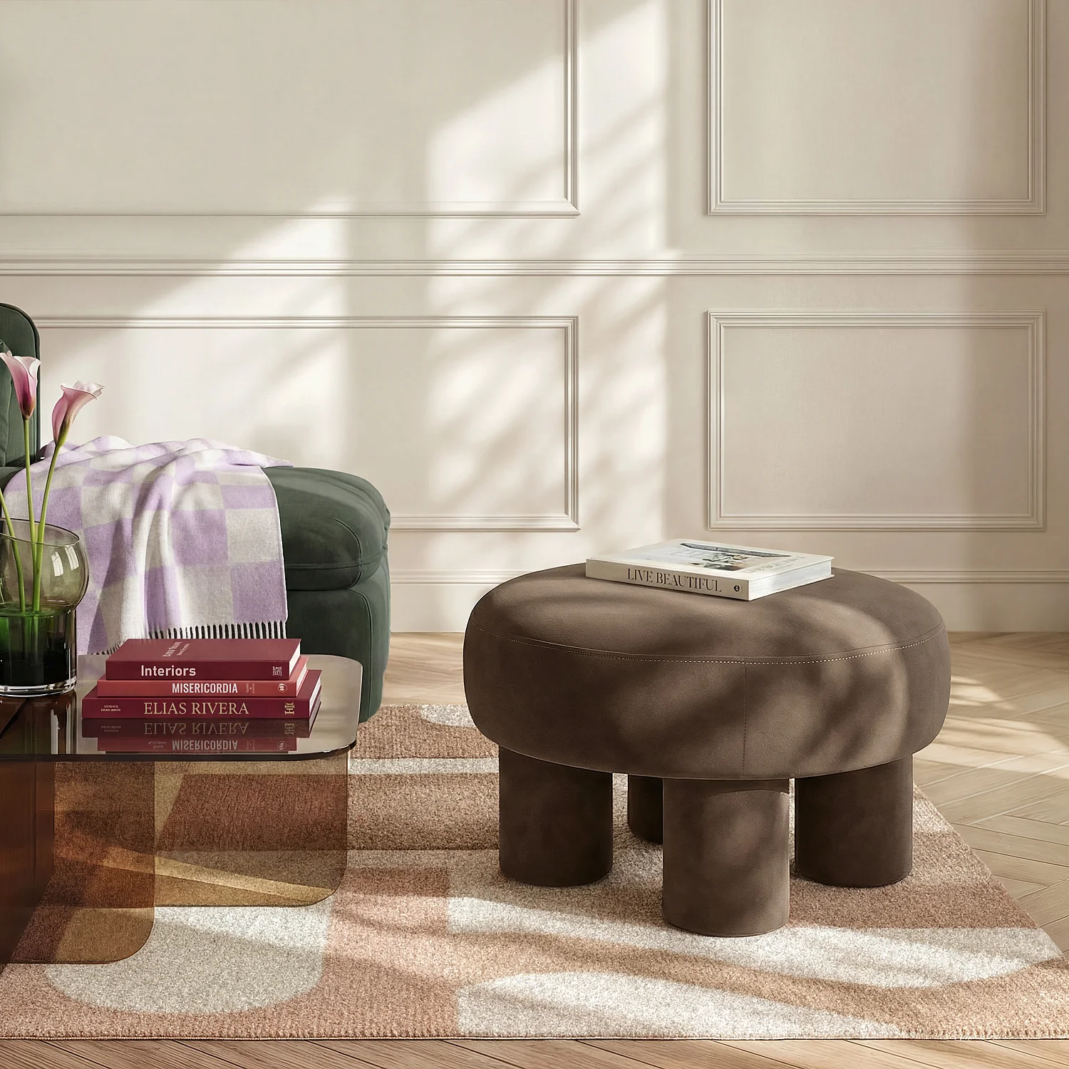 Grand pouf en tissu velours - Brun - 1