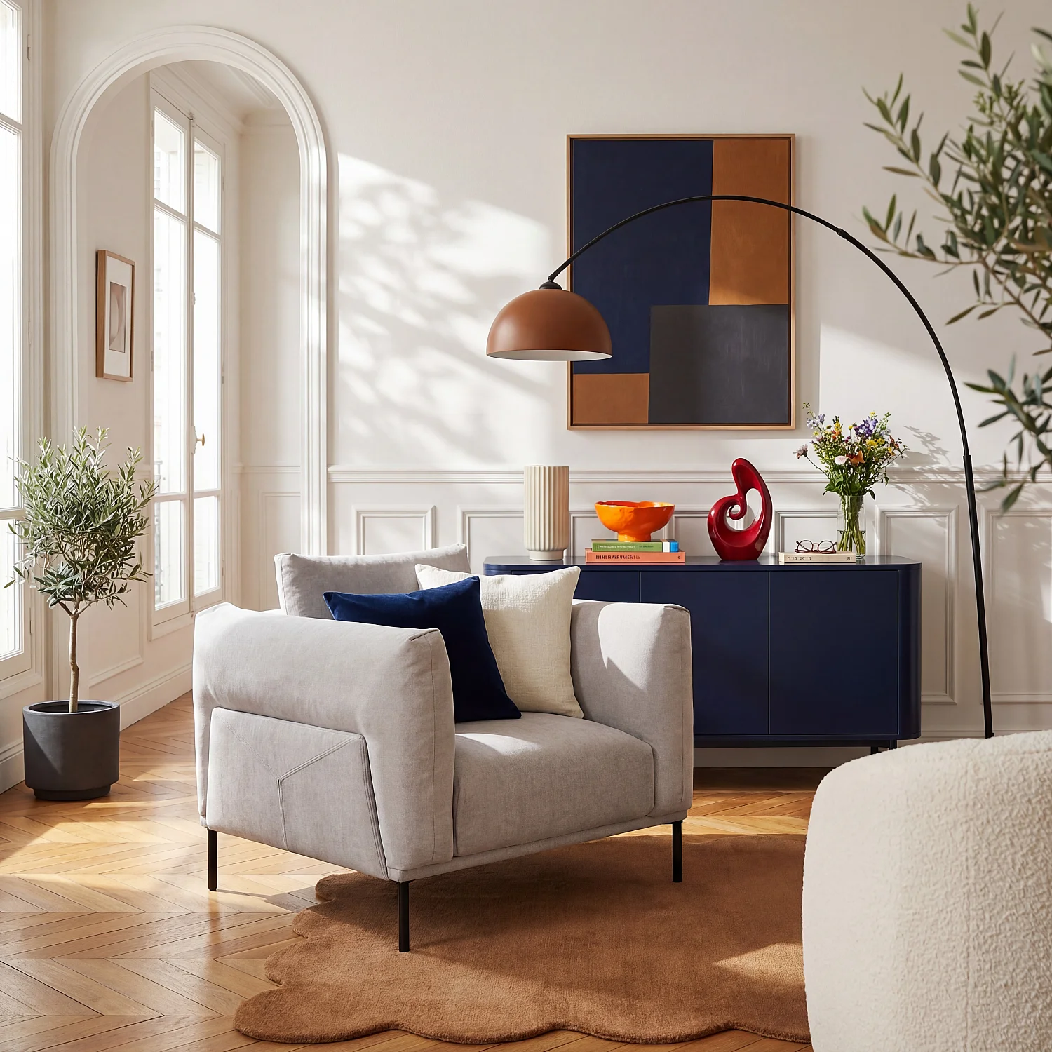 Fauteuil en tissu garni de plumes - Gris polaire - 1