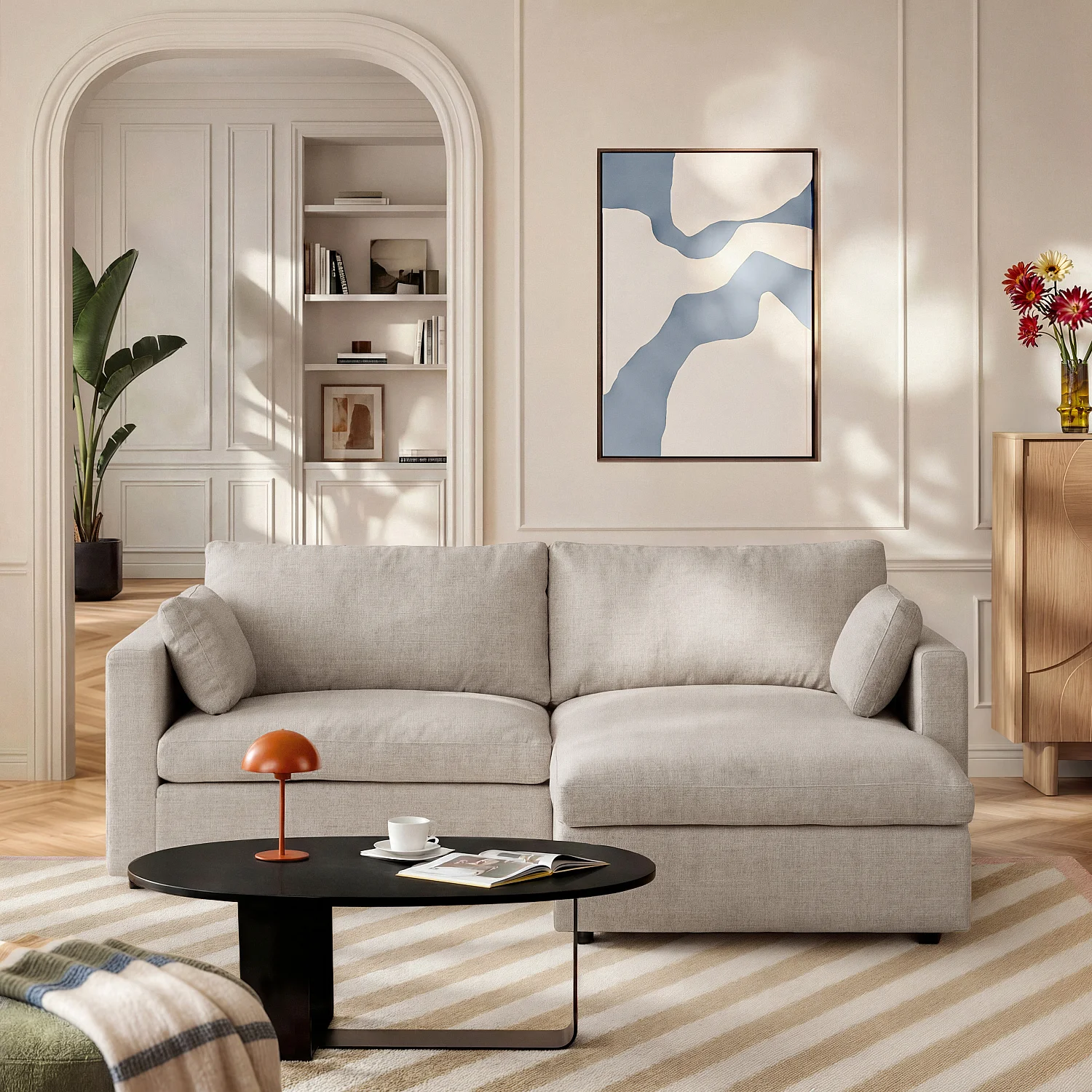 Sjeselong vendbar med oppbevaring i stoff – Taupe - 3