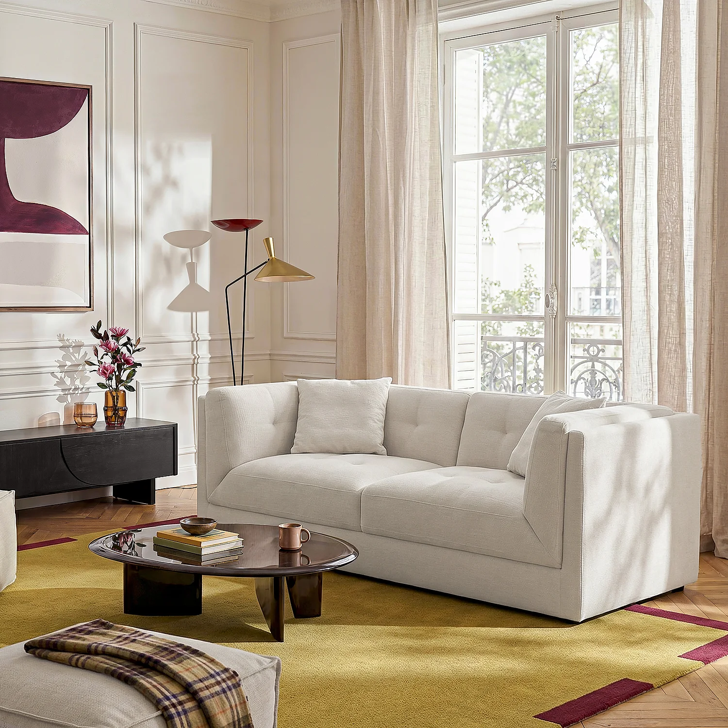 Canapé 3 places capitonné en tissu garni de plumes - Crème - 1