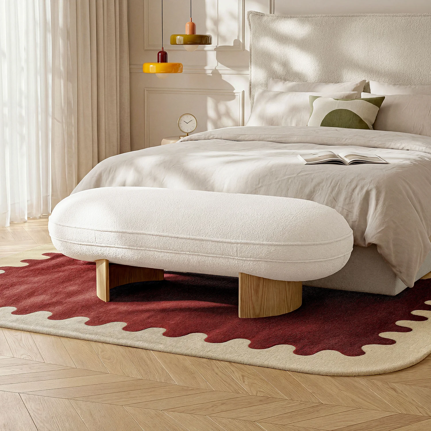 Panca in tessuto e legno - Ecru e rovere - 1