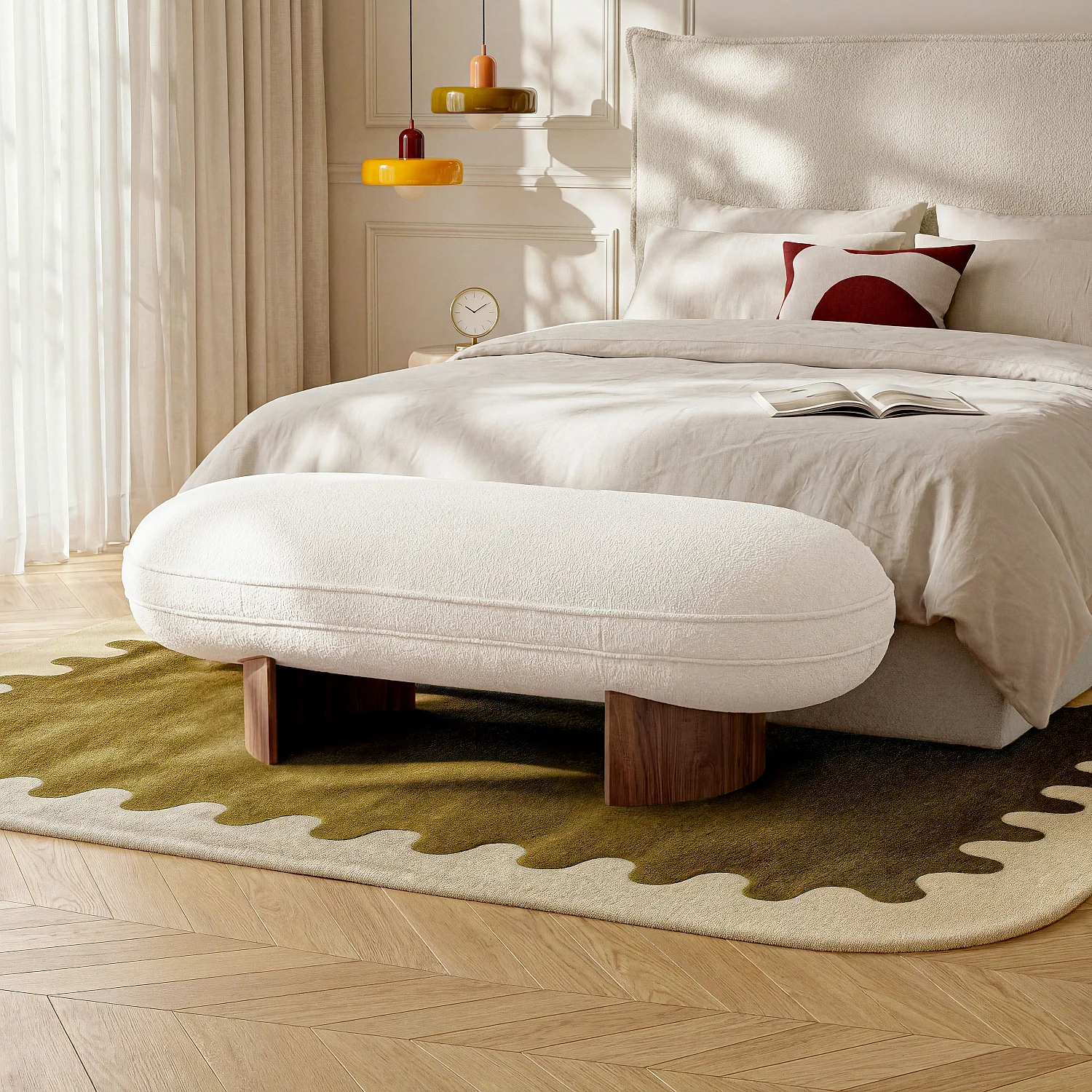 Panca in tessuto e legno - Ecru e noce - 1