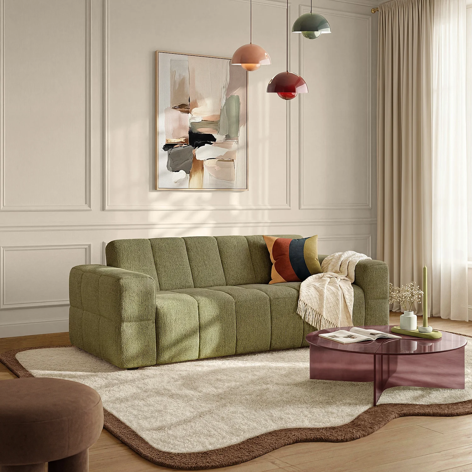 Divano letto 3 posti - Letto 140 cm - Materasso 12 cm - Tessuto Verde kaki - 1