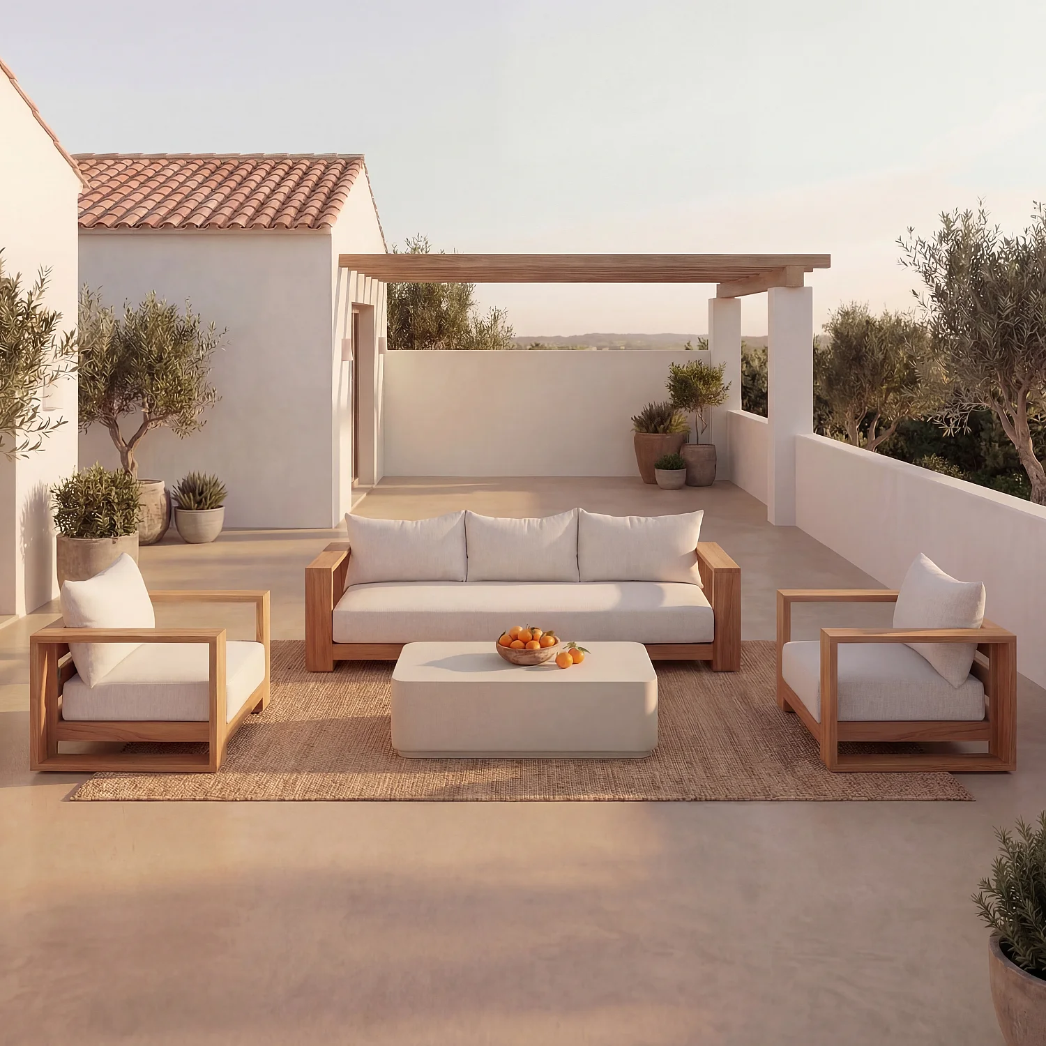 Gartensofa 3-Sitzer aus massivem Teakholz und wasserdichtem Stoff - Elfenbeinweiß - 3