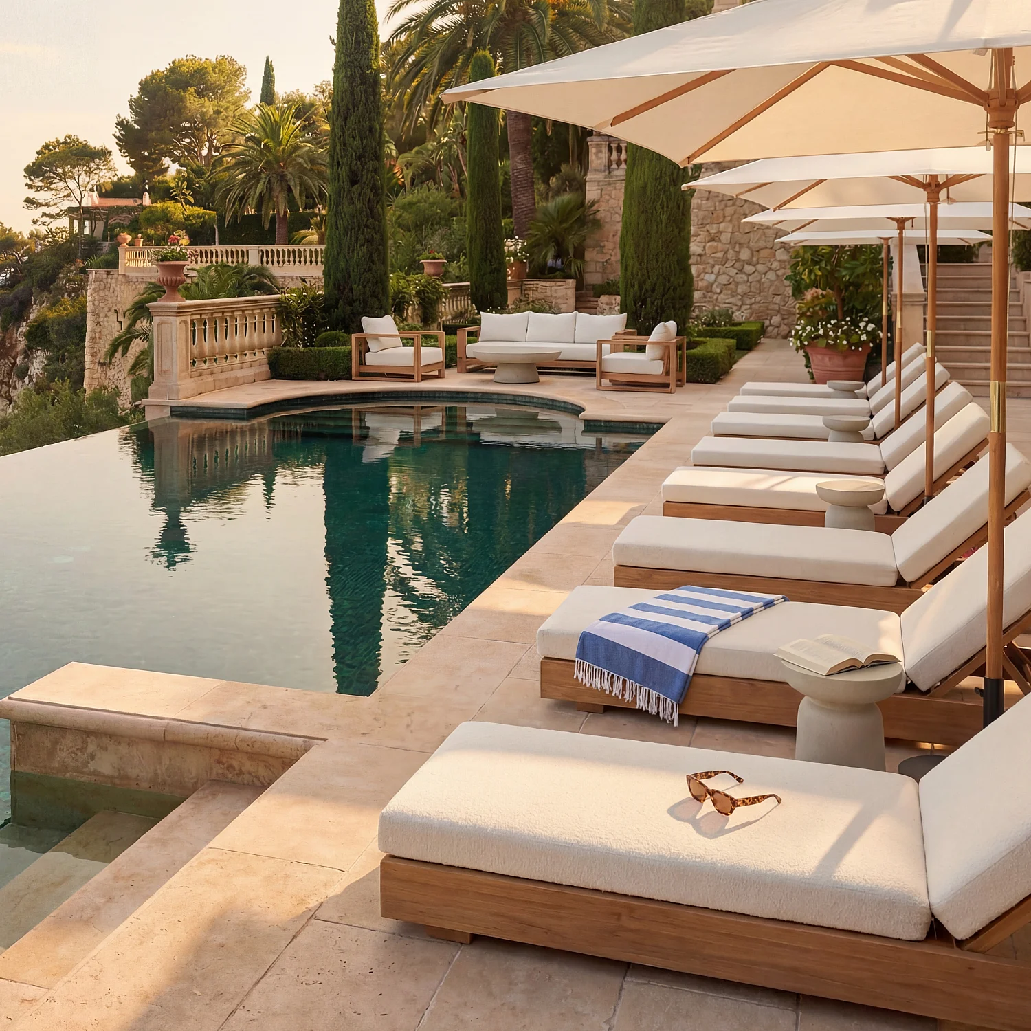 Sofá de jardín 3 plazas de teca maciza y tejido repelente al agua - Blanco roto - 6