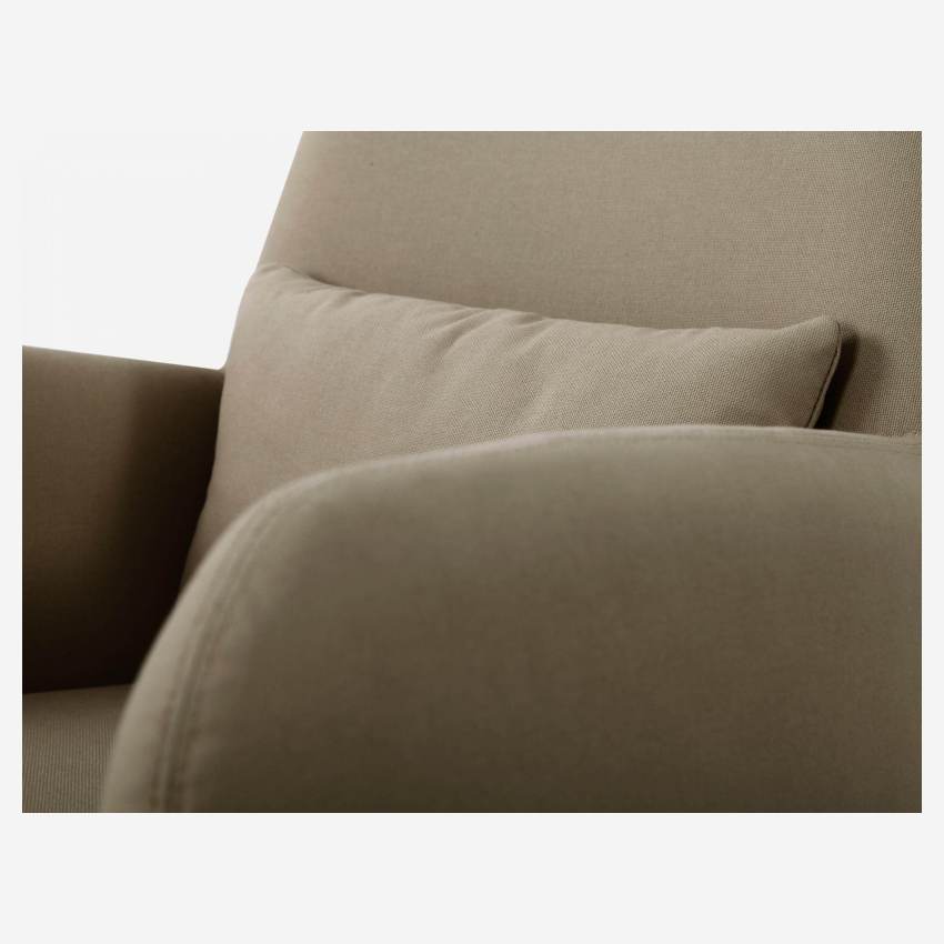Beige fabric armchair with oak legs