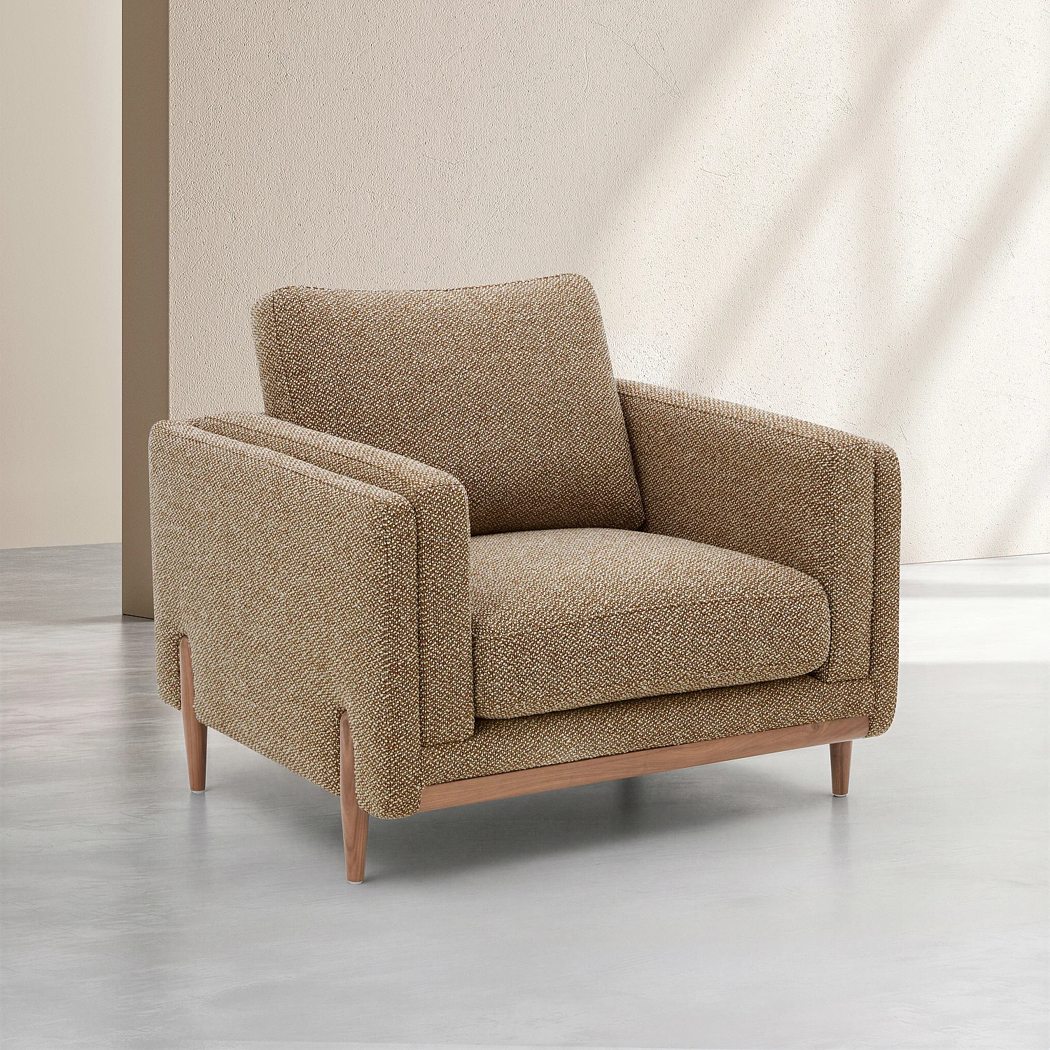 Sillón de diseño de tejido texturizado y madera - Marrón avellana - 3