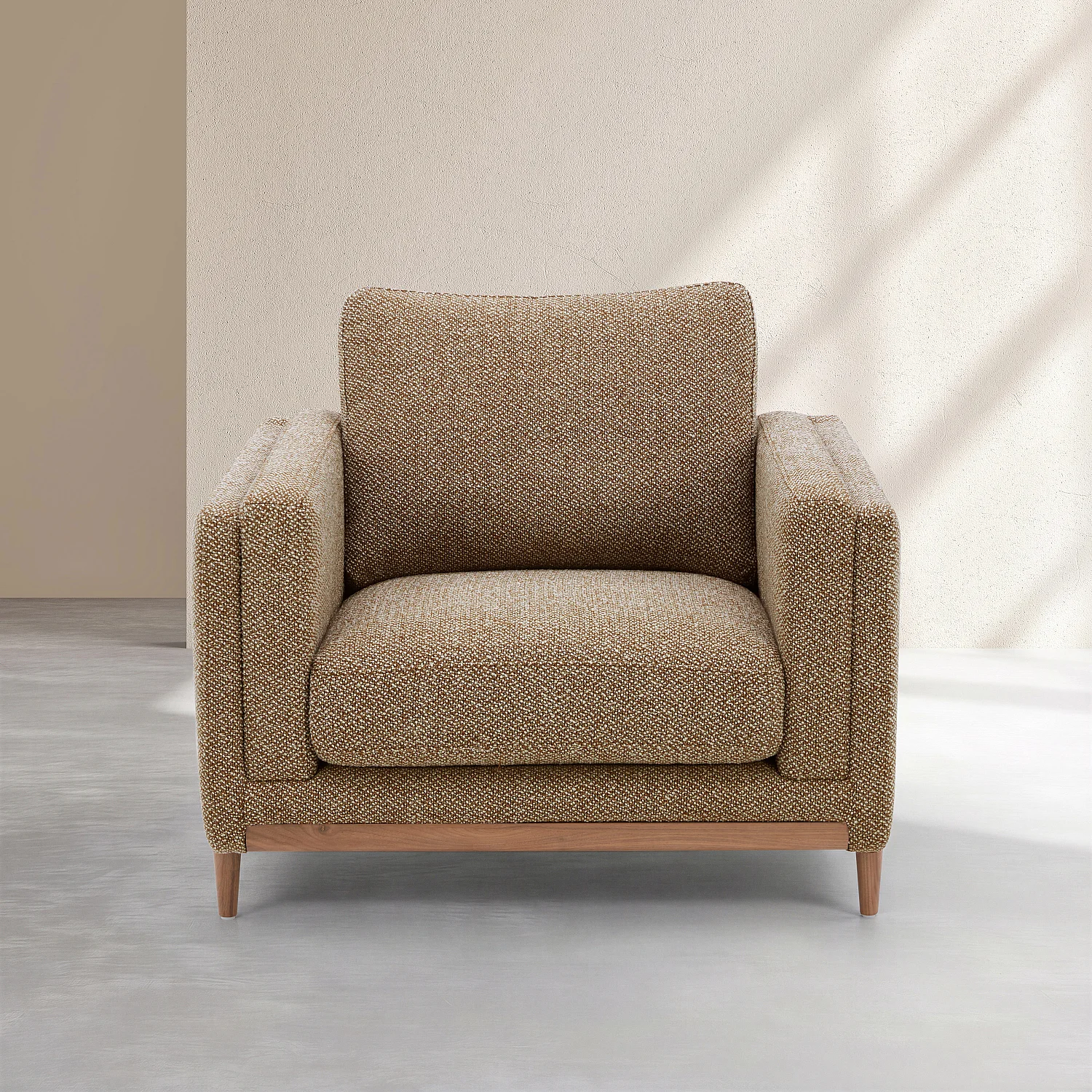 Sillón de diseño de tejido texturizado y madera - Marrón avellana - 2