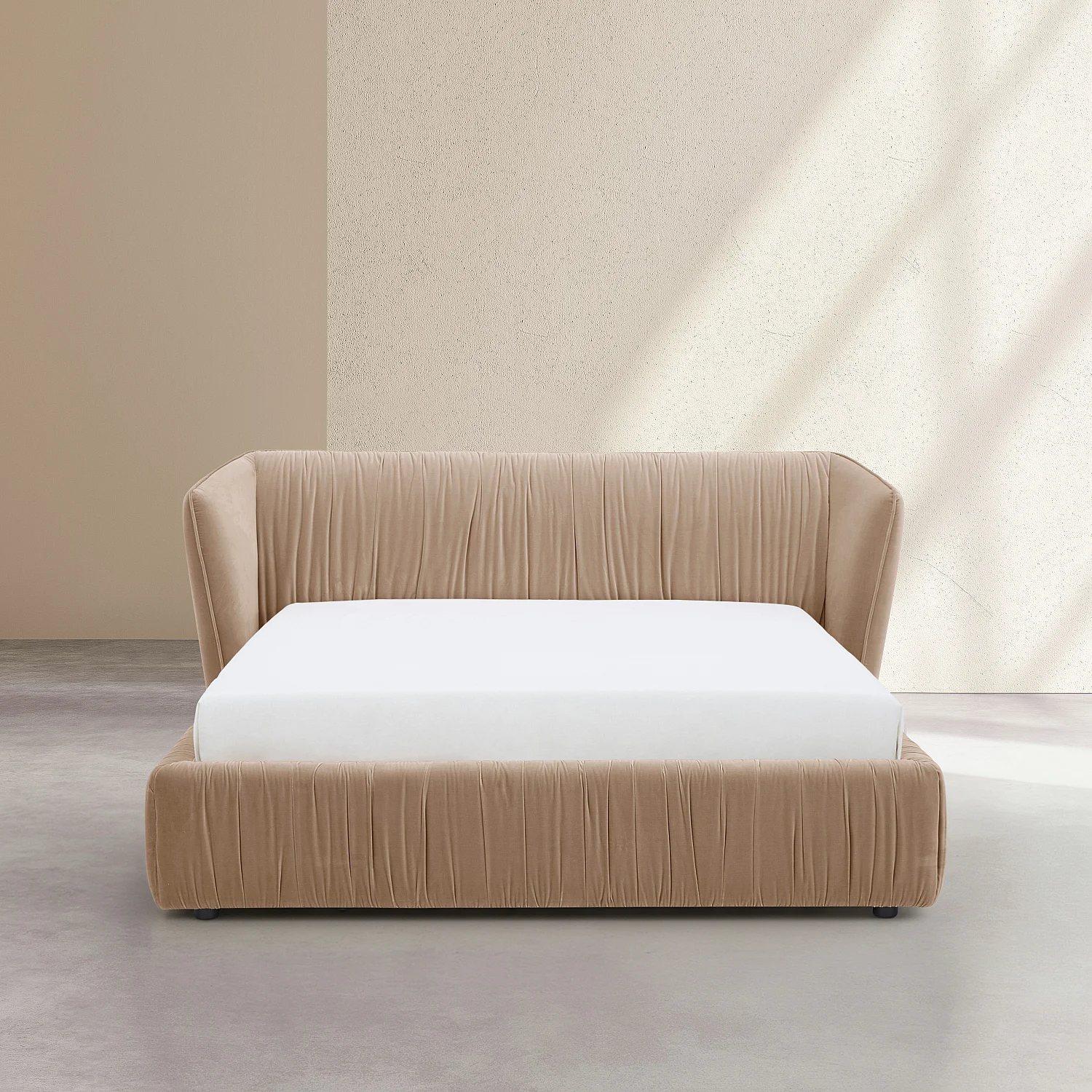 Lit 160 x 200 cm en tissu plissé - Beige sable - 2