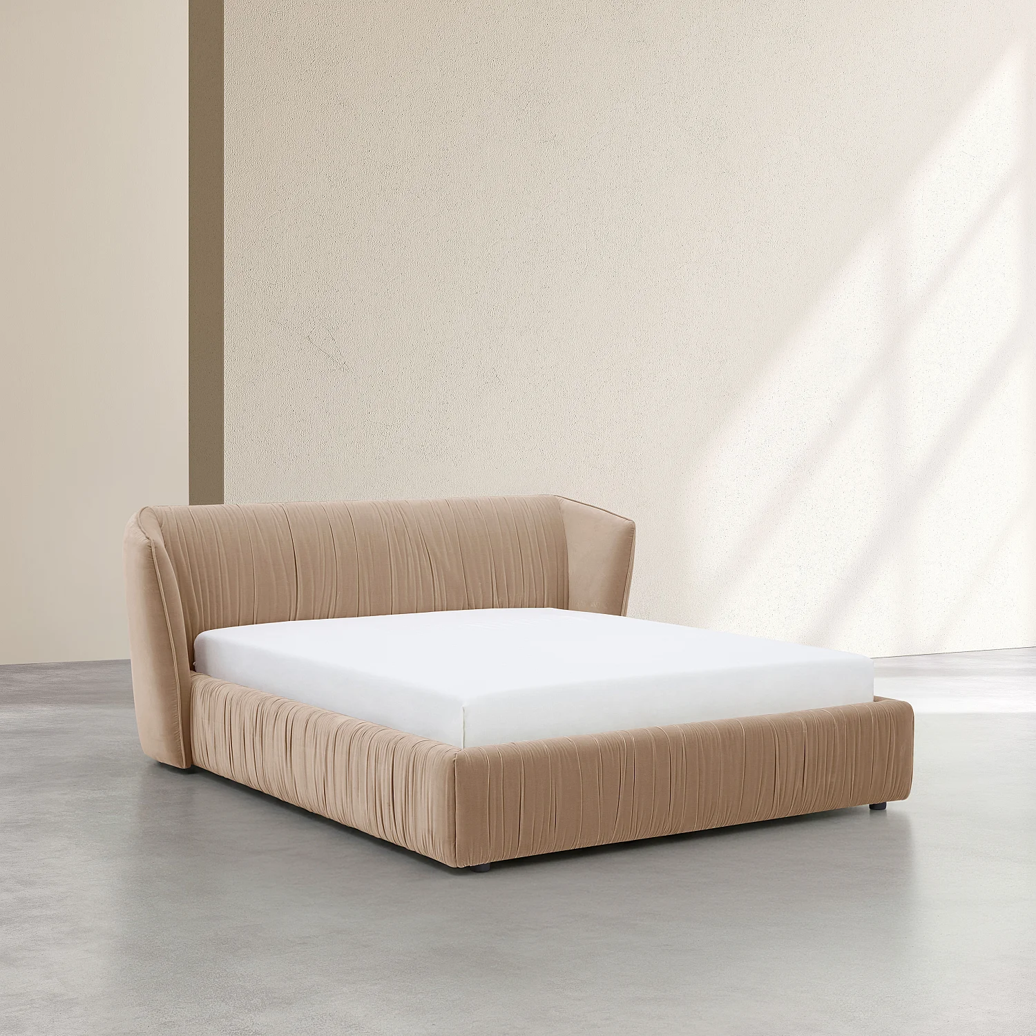 Lit 160 x 200 cm en tissu plissé - Beige sable - 3