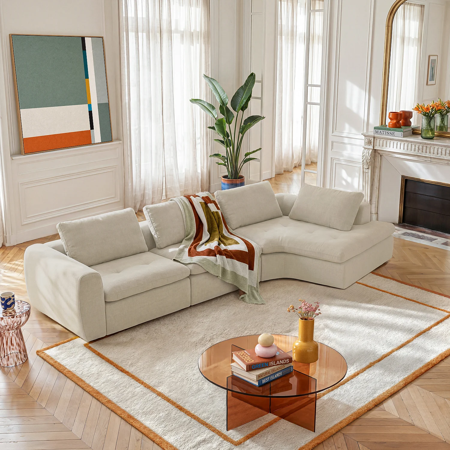 Sjeselongmodul høyrevendt buet i stoff – Marengsbeige - 2