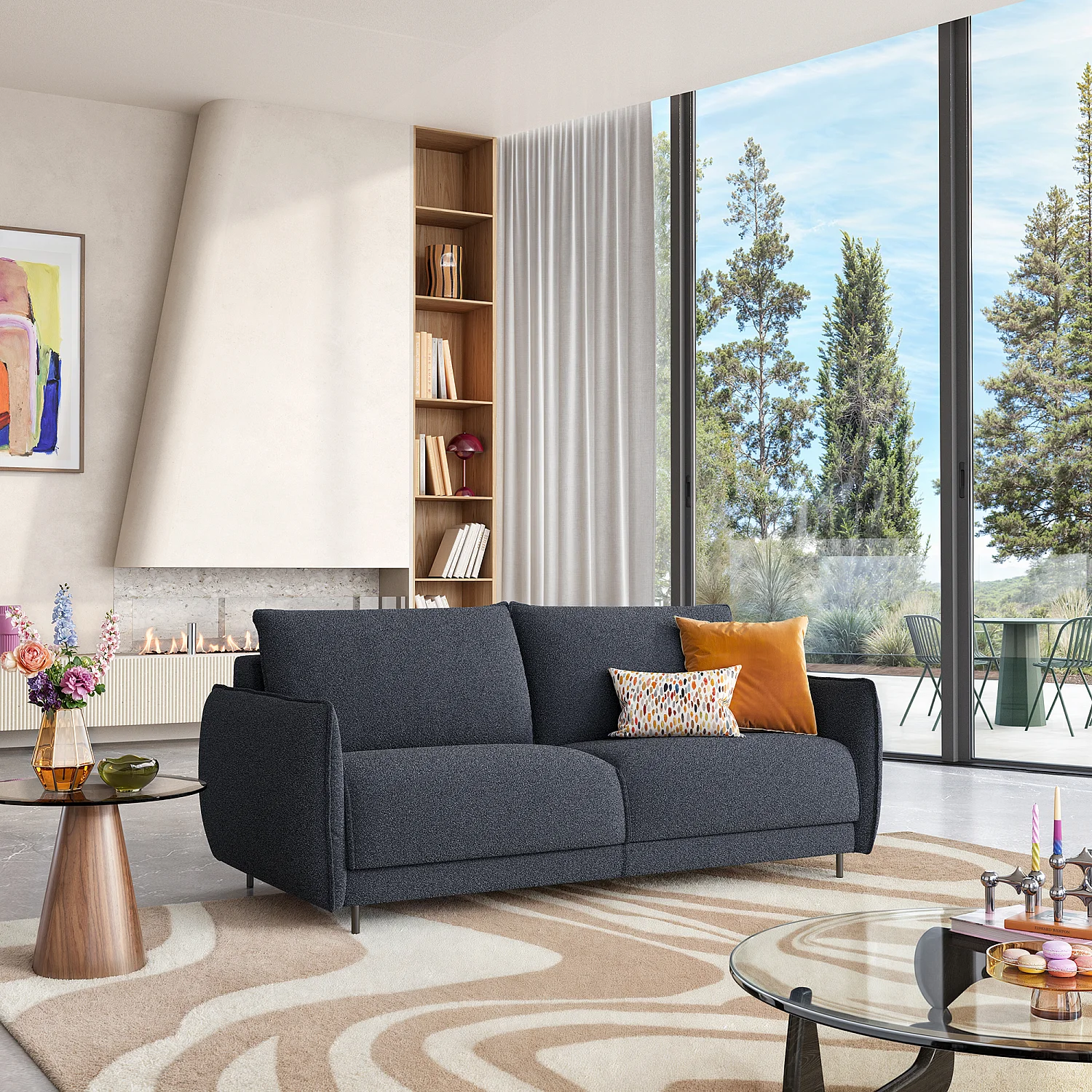 Canapé convertible 2 places - Couchage 140 cm - Matelas en mousse 13 cm - Tissu Tolfa Bleu marine - 1