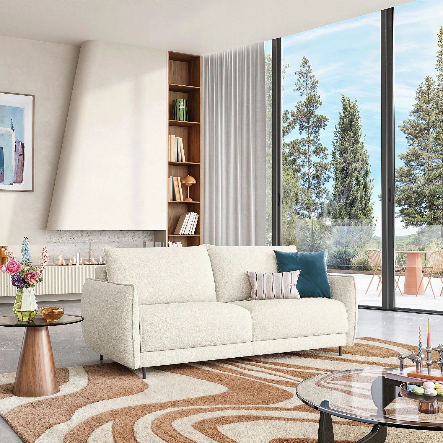 Canapé convertible 3 places - Couchage 160 cm - Matelas en mousse 13 cm - Tissu Tolfa Crème - 1