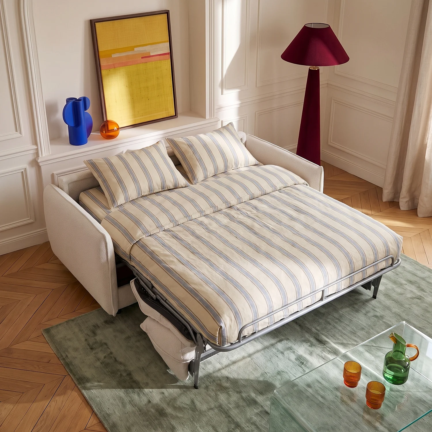 Schlafsofa 3-Sitzer - 160 cm Liegefläche - 13 cm Schaumstoffmatratze - Bouclé-Stoff Tolfa - Creme - 2