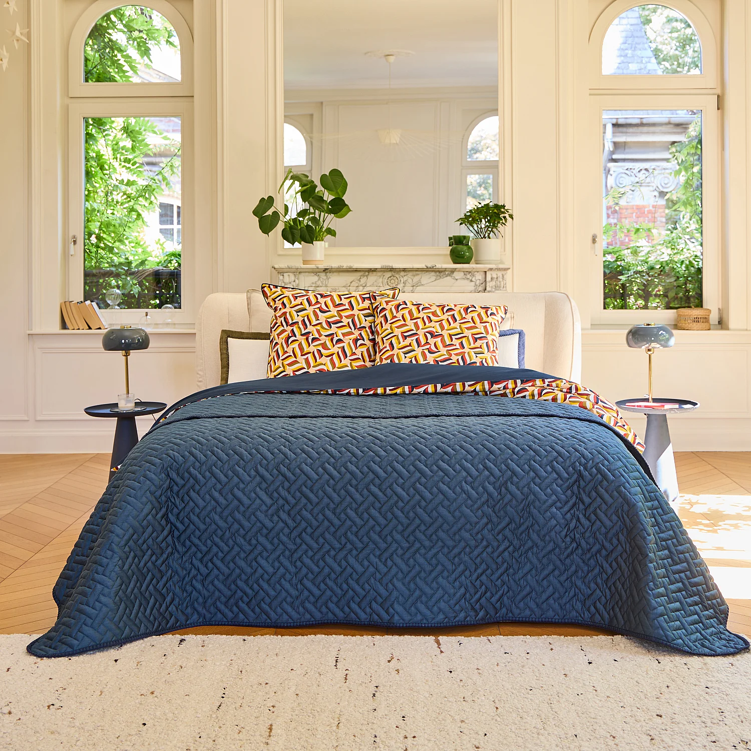 Jeté de lit en satin de coton bio - 230 x 250 cm - Bleu nuit - 1