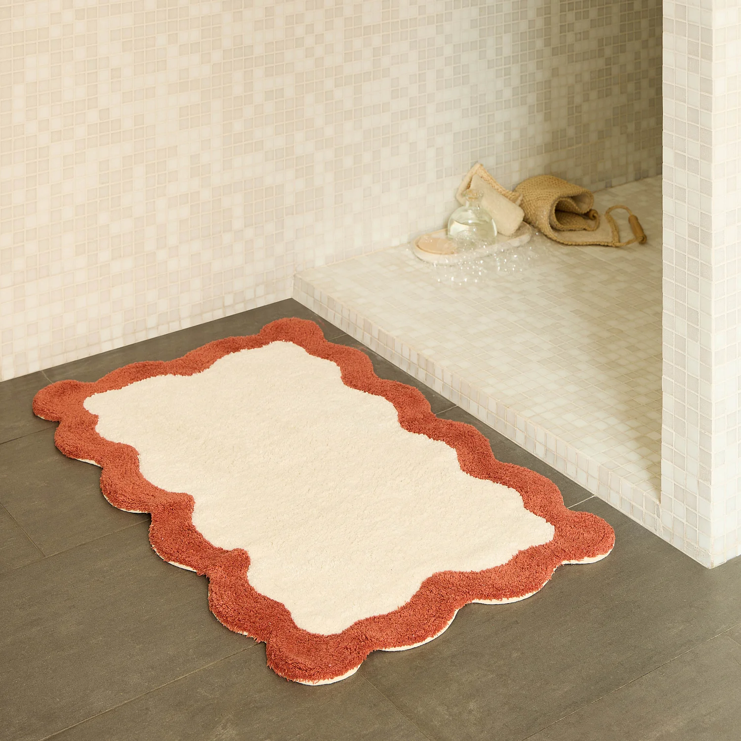 Tapis de bain festonné en coton naturel - 1200 g/m² - 50 x 80 cm - Terracotta - 1