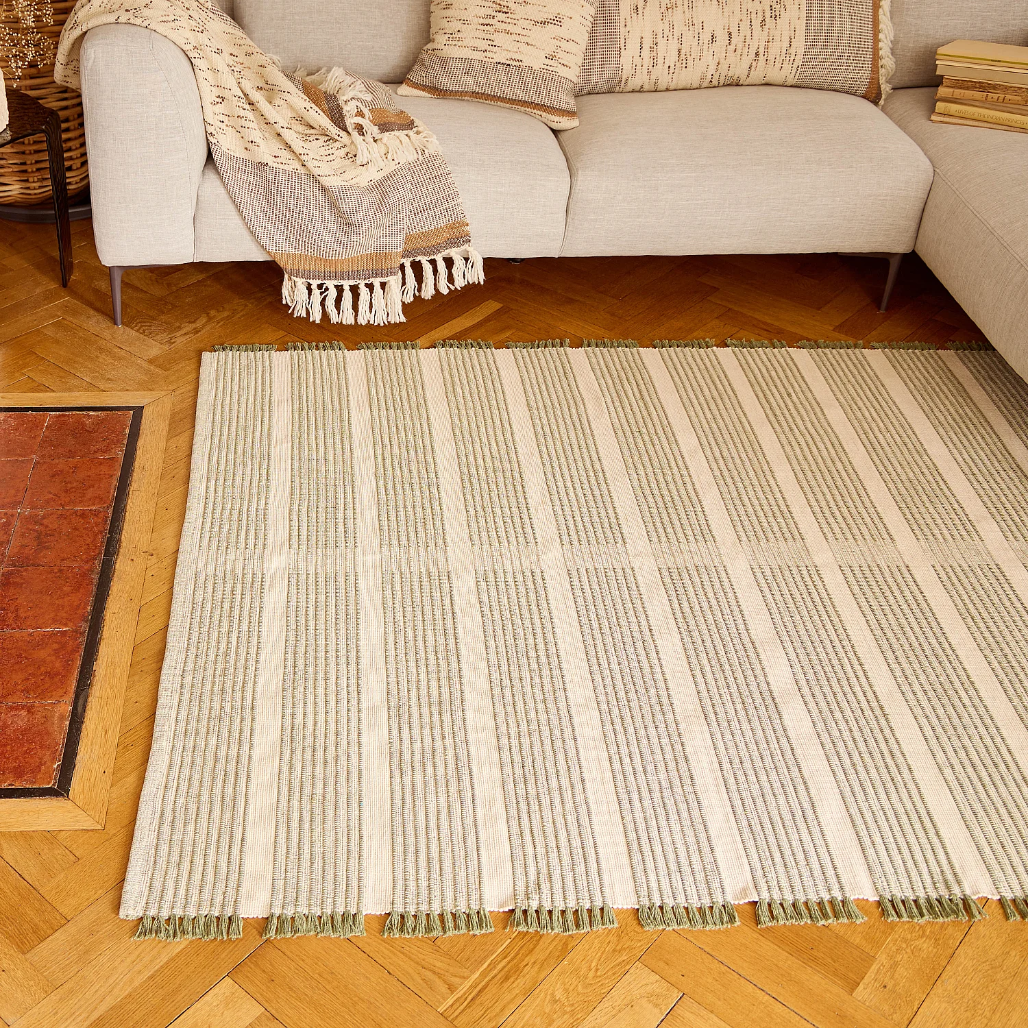 Tapis tissé en coton recyclé - 160 x 230 cm - Motifs à rayures - Anis - 3