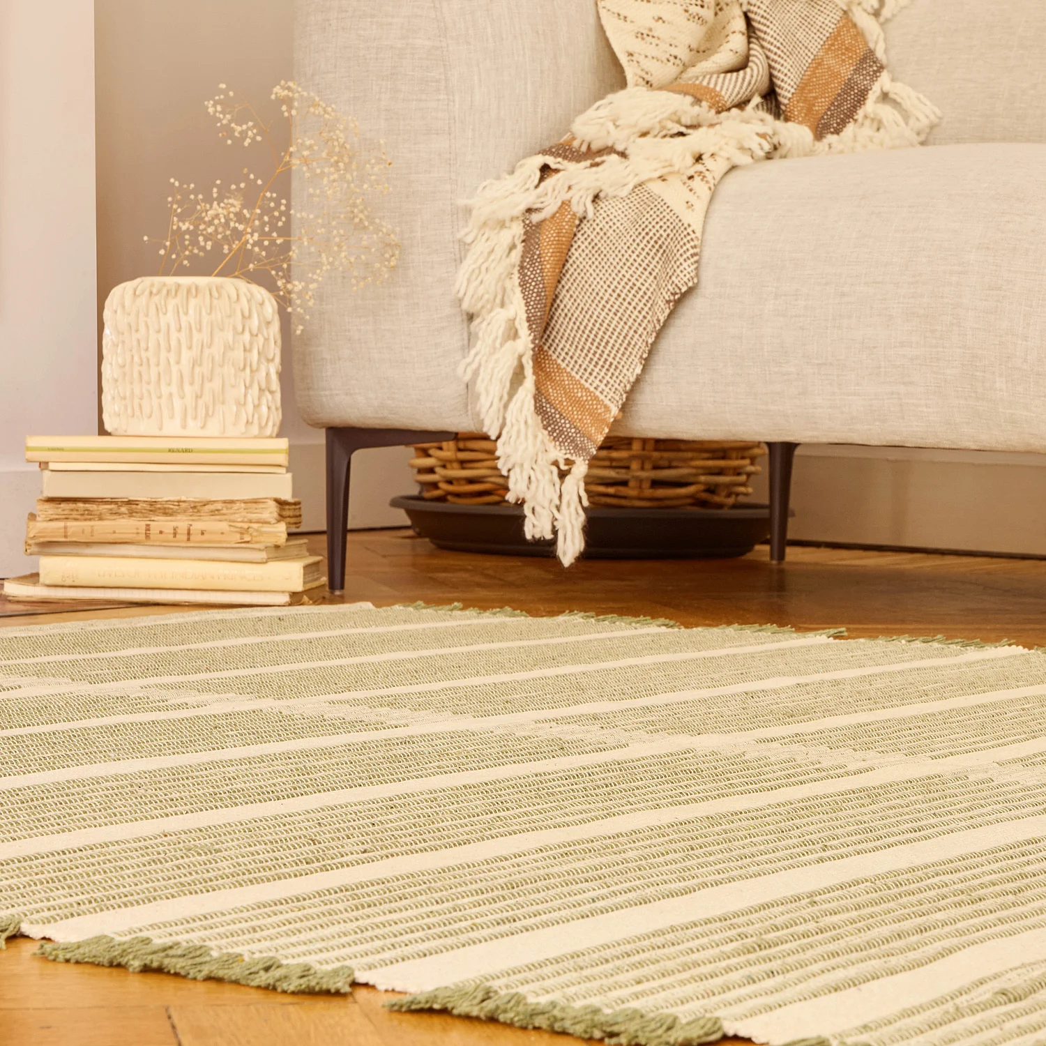 Tapis tissé en coton recyclé - 160 x 230 cm - Motifs à rayures - Anis - 10