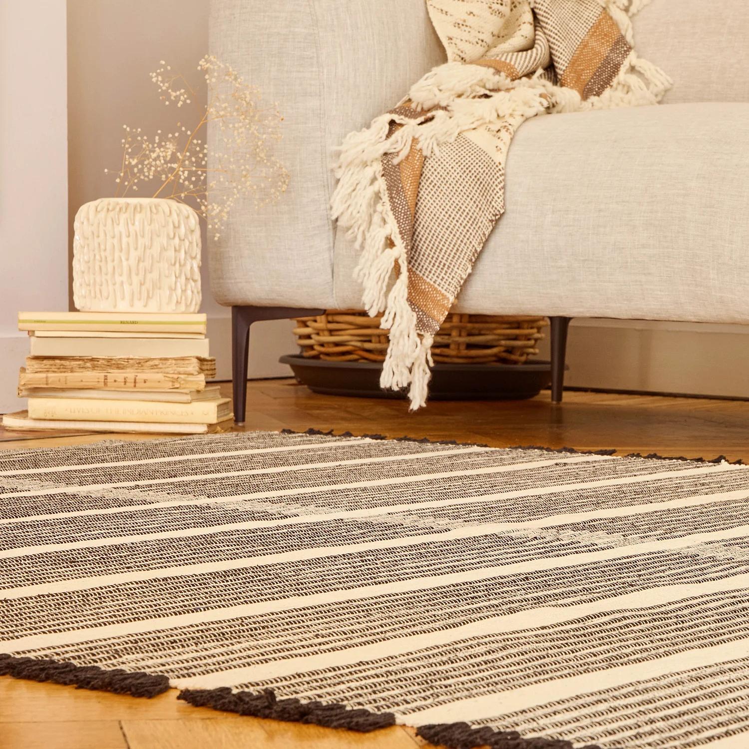 Tapis tissé en coton recyclé - 160 x 230 cm - Motifs à rayures - Noir - 6