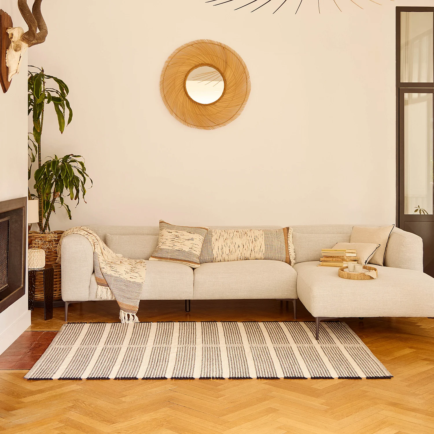 Tapis tissé en coton recyclé - 160 x 230 cm - Motifs à rayures - Noir - 1