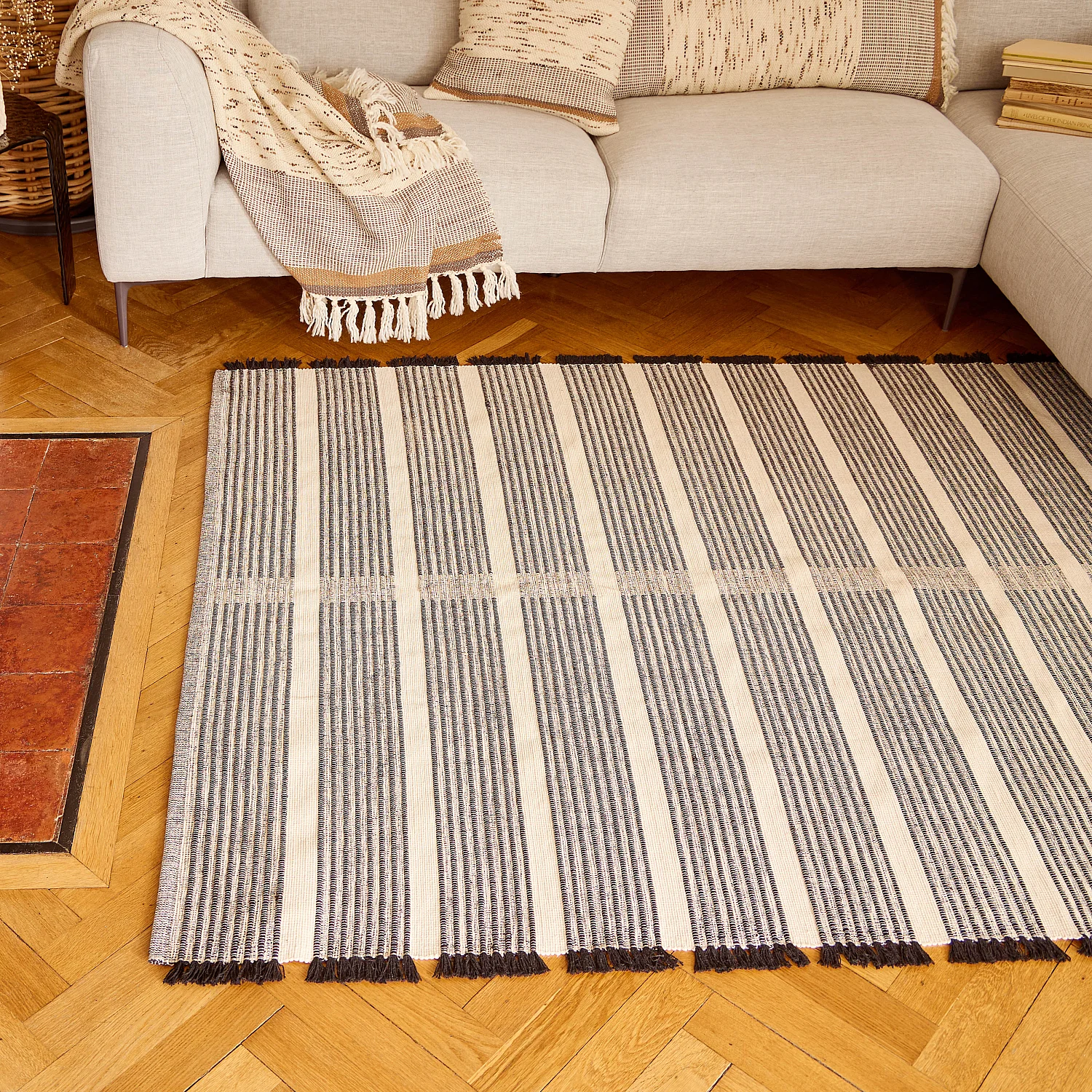 Tapis tissé en coton recyclé - 160 x 230 cm - Motifs à rayures - Noir - 3