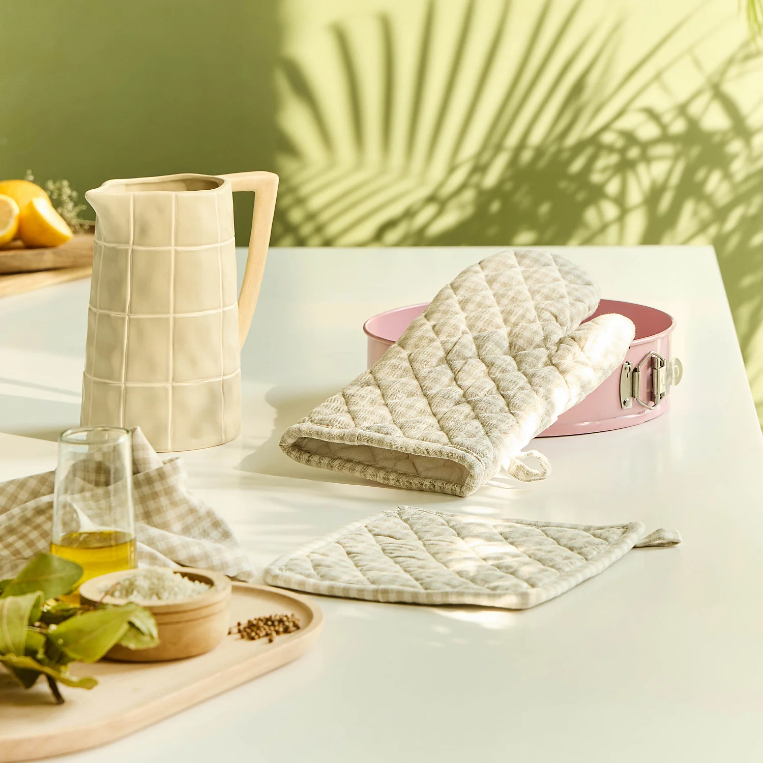 Gant de cuisine en coton vichy - 18 x 32 cm - Beige - 3