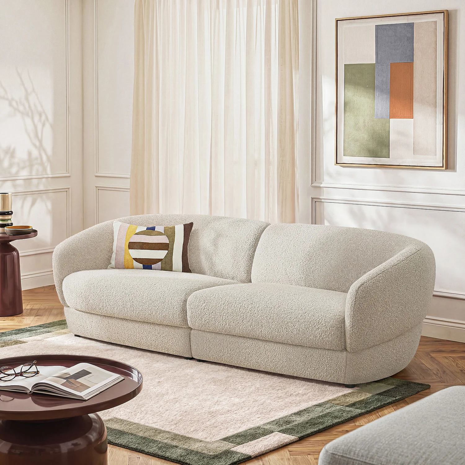 Canapé 3 places en tissu bouclette courte - Beige - 1