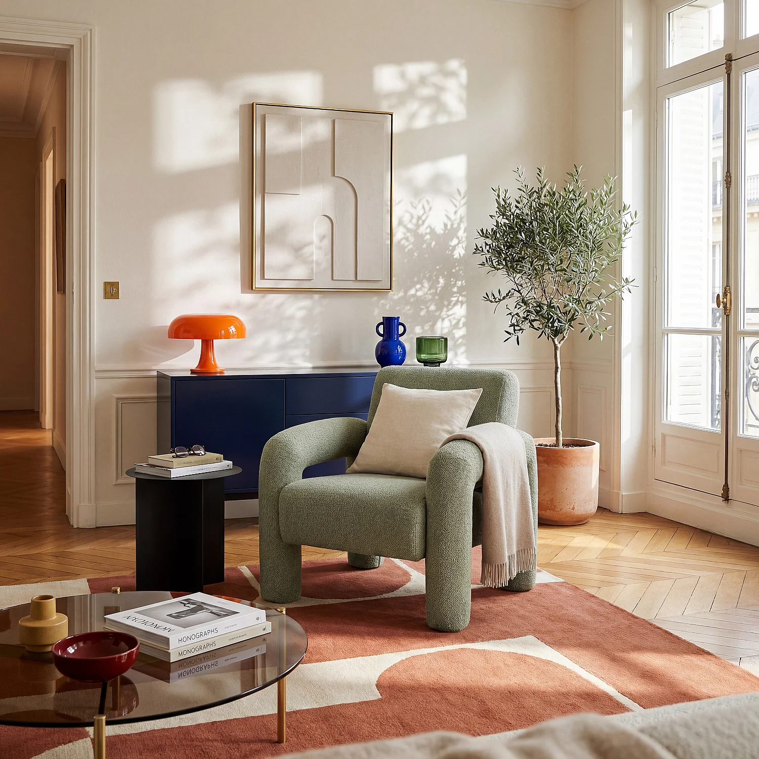 Fauteuil design en tissu texturé - Vert sapin - 1