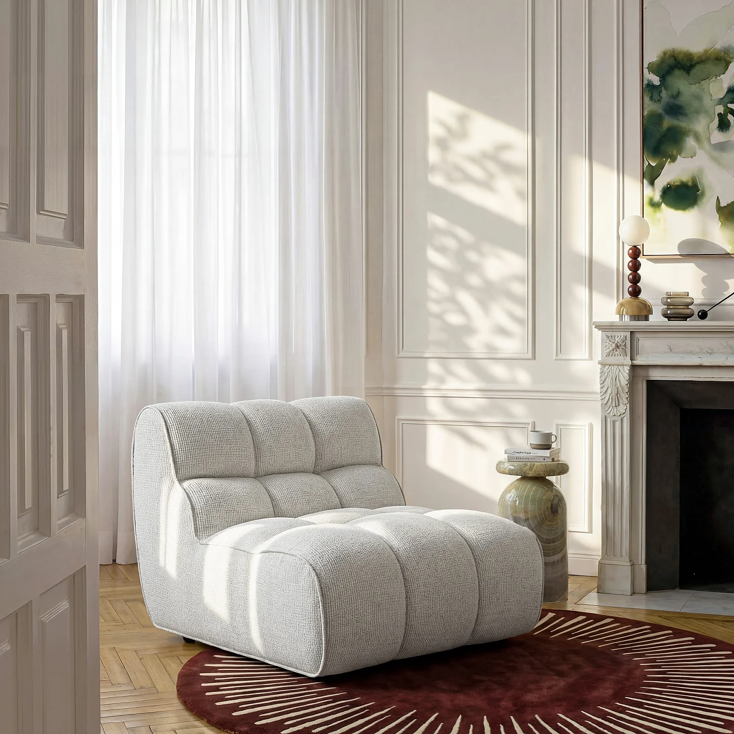 Chauffeuse capitonnée en tissu texturé - Crème - 1