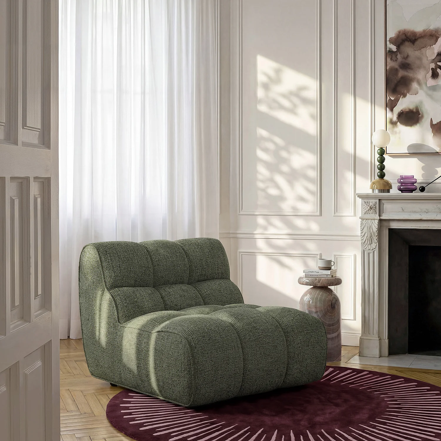 Chauffeuse capitonnée en tissu texturé - Vert mousse - 1