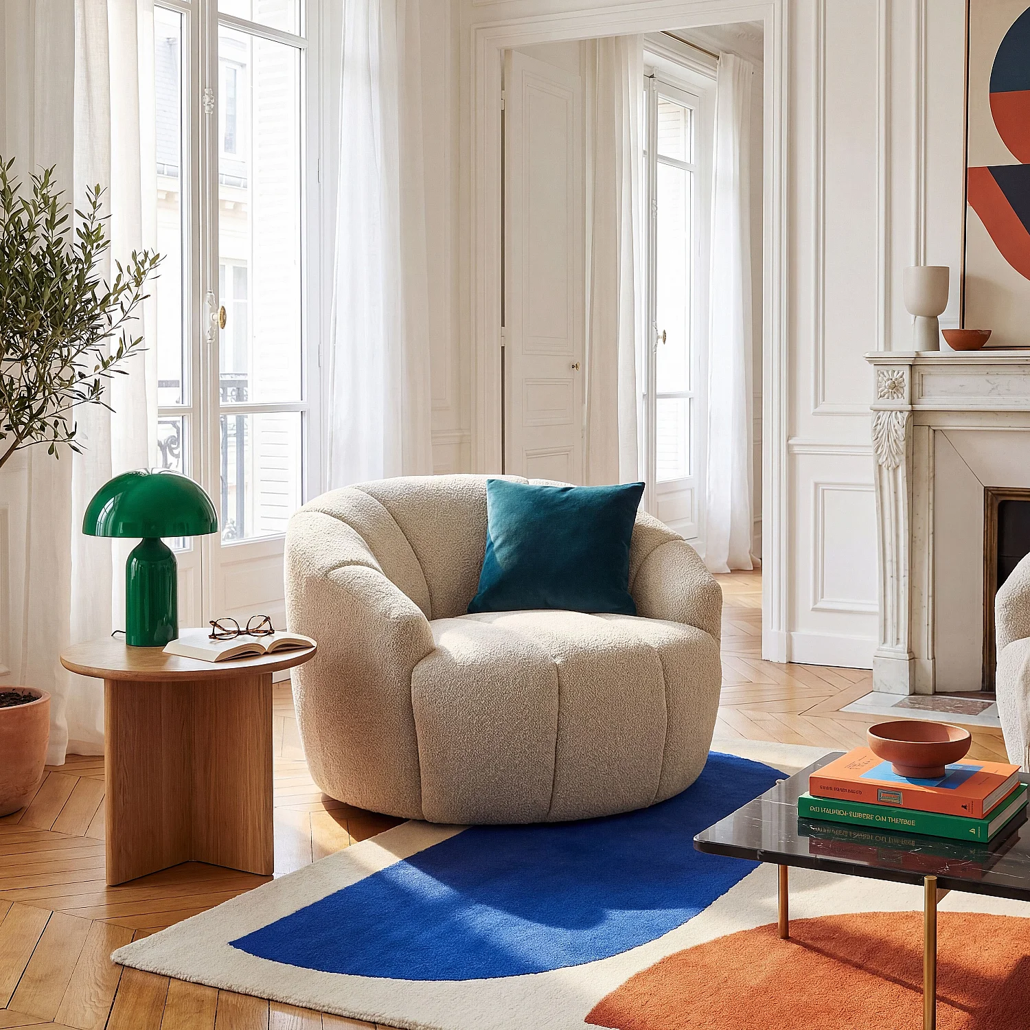 Fauteuil loveuse pivotant en tissu texturé - Crème - 1