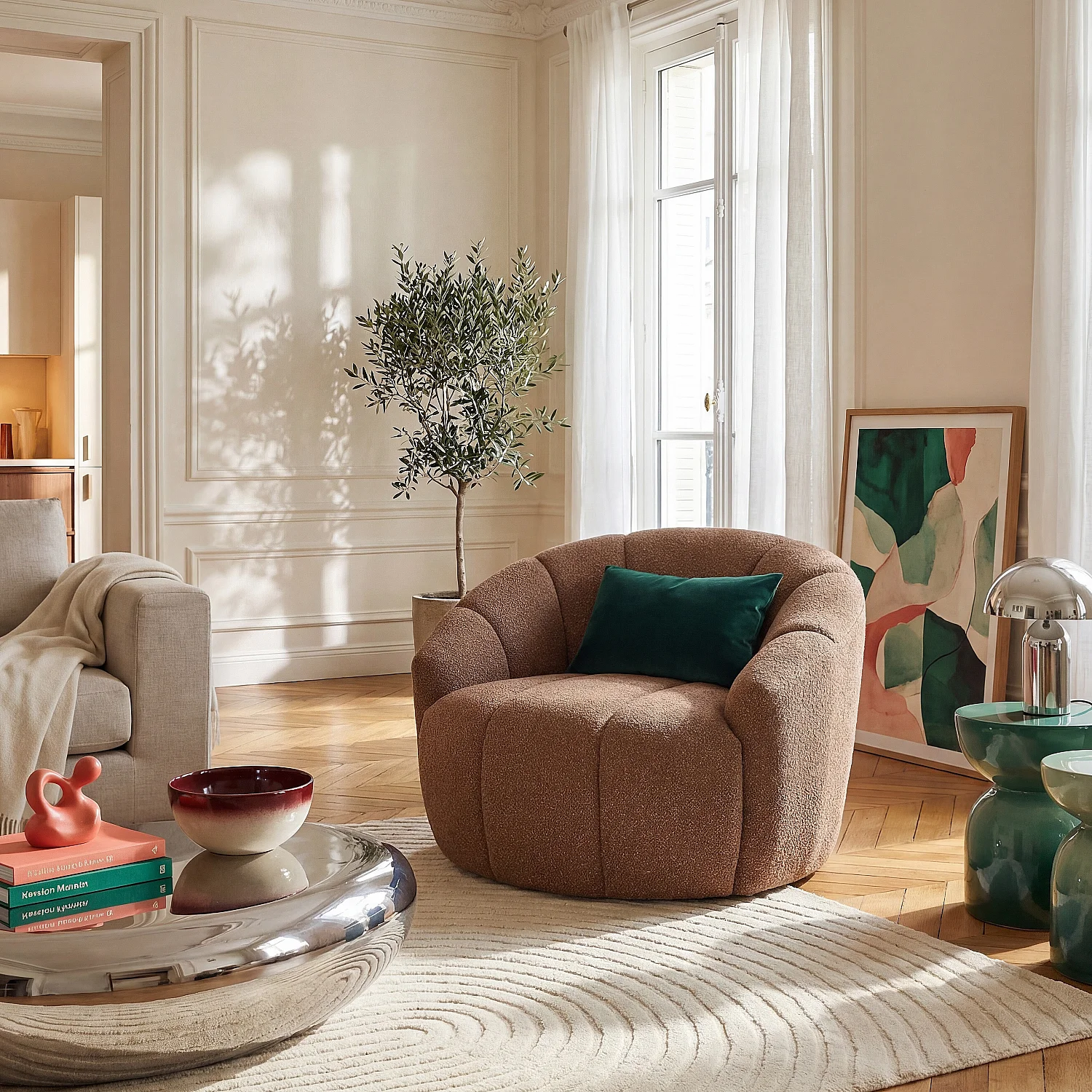 Fauteuil loveuse pivotant en tissu texturé - Terracotta - 1