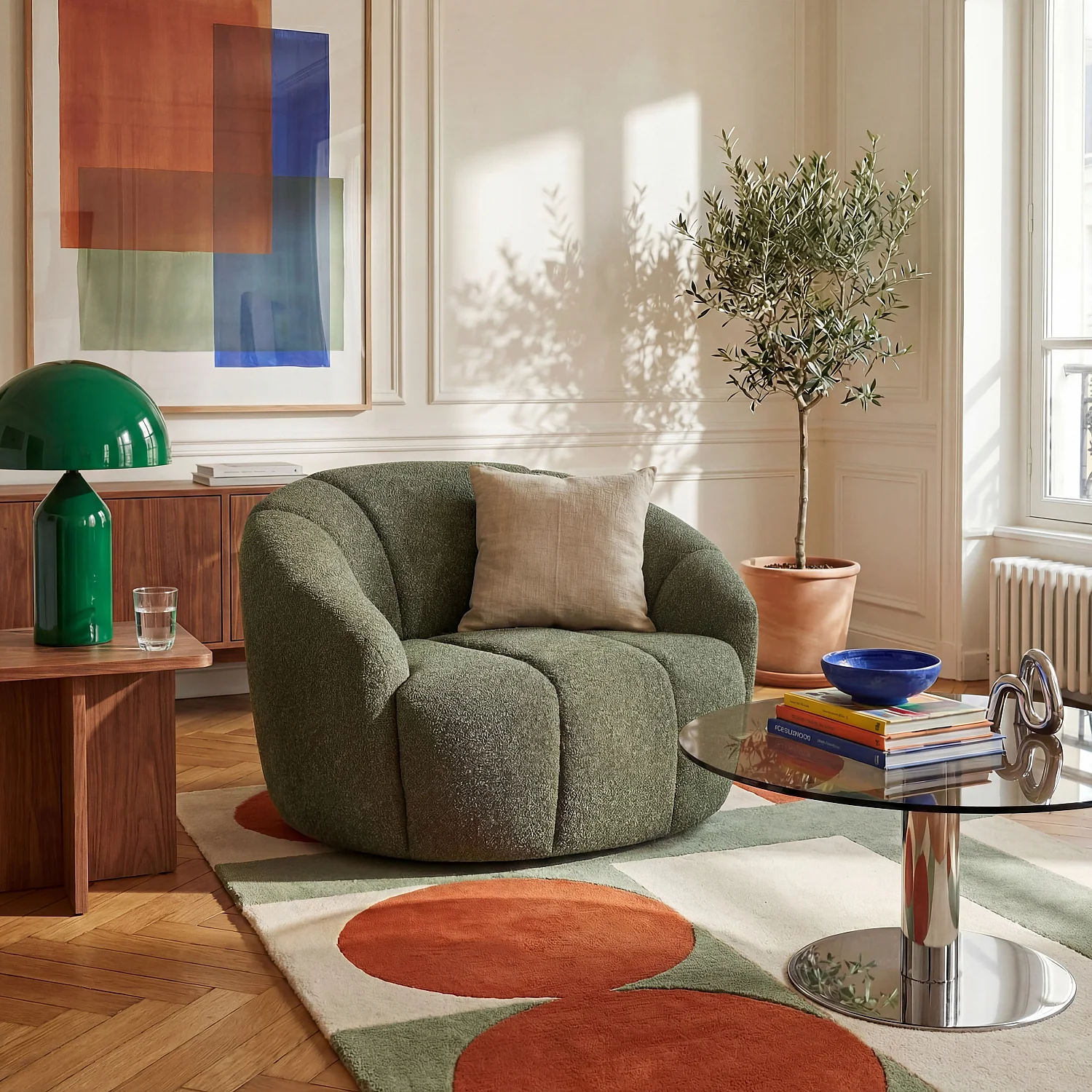 Fauteuil loveuse pivotant en tissu texturé - Vert sapin - 1