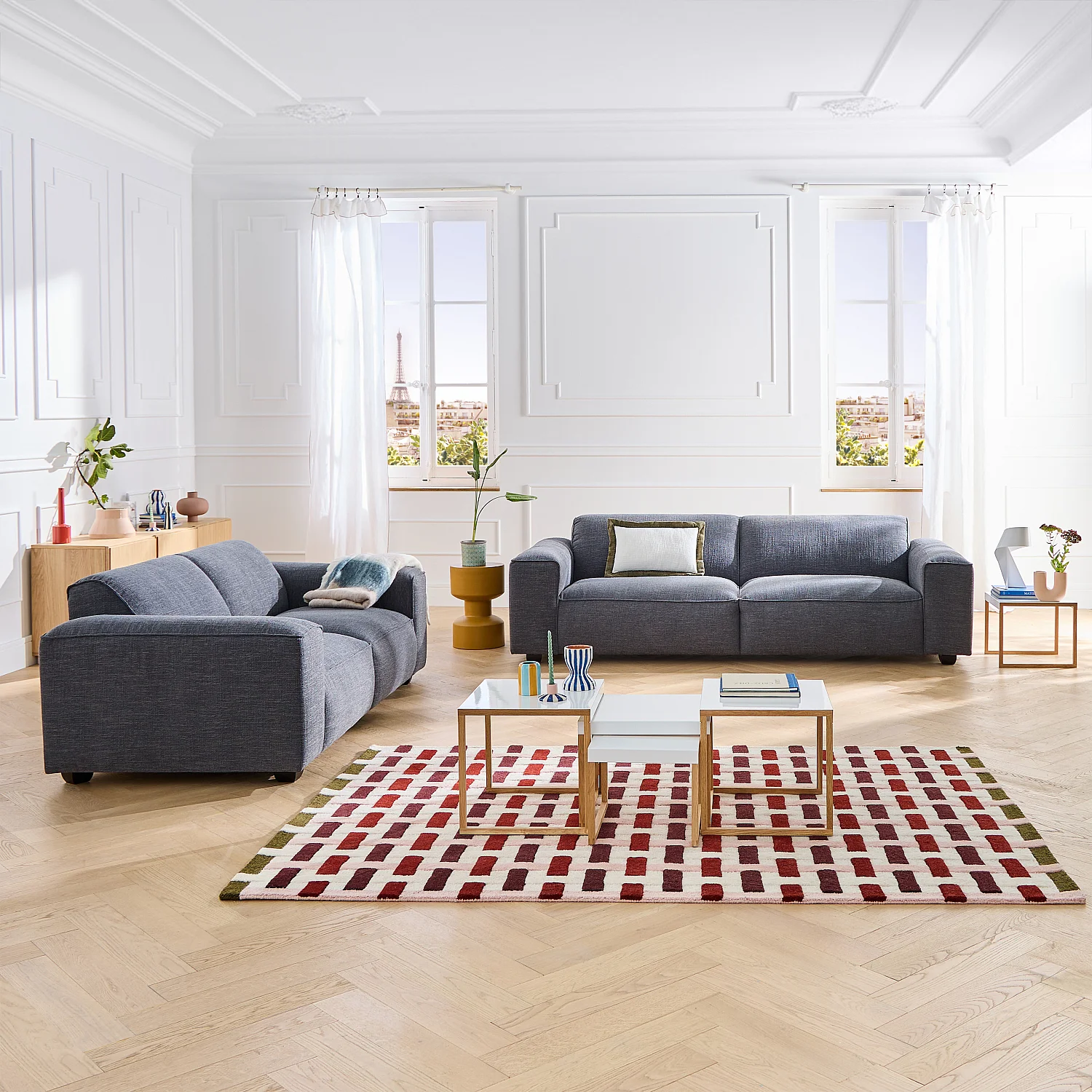 Set van 3- en 4-zitsbank van korte bouclé stof Mira - Denimblauw - 1