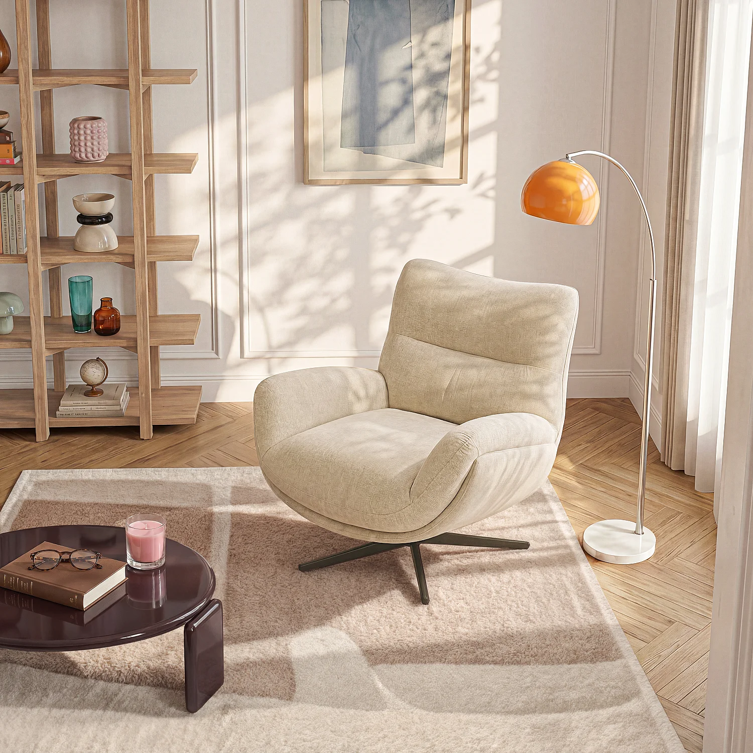 Fauteuil pivotant en tissu et métal noir - Beige - 1