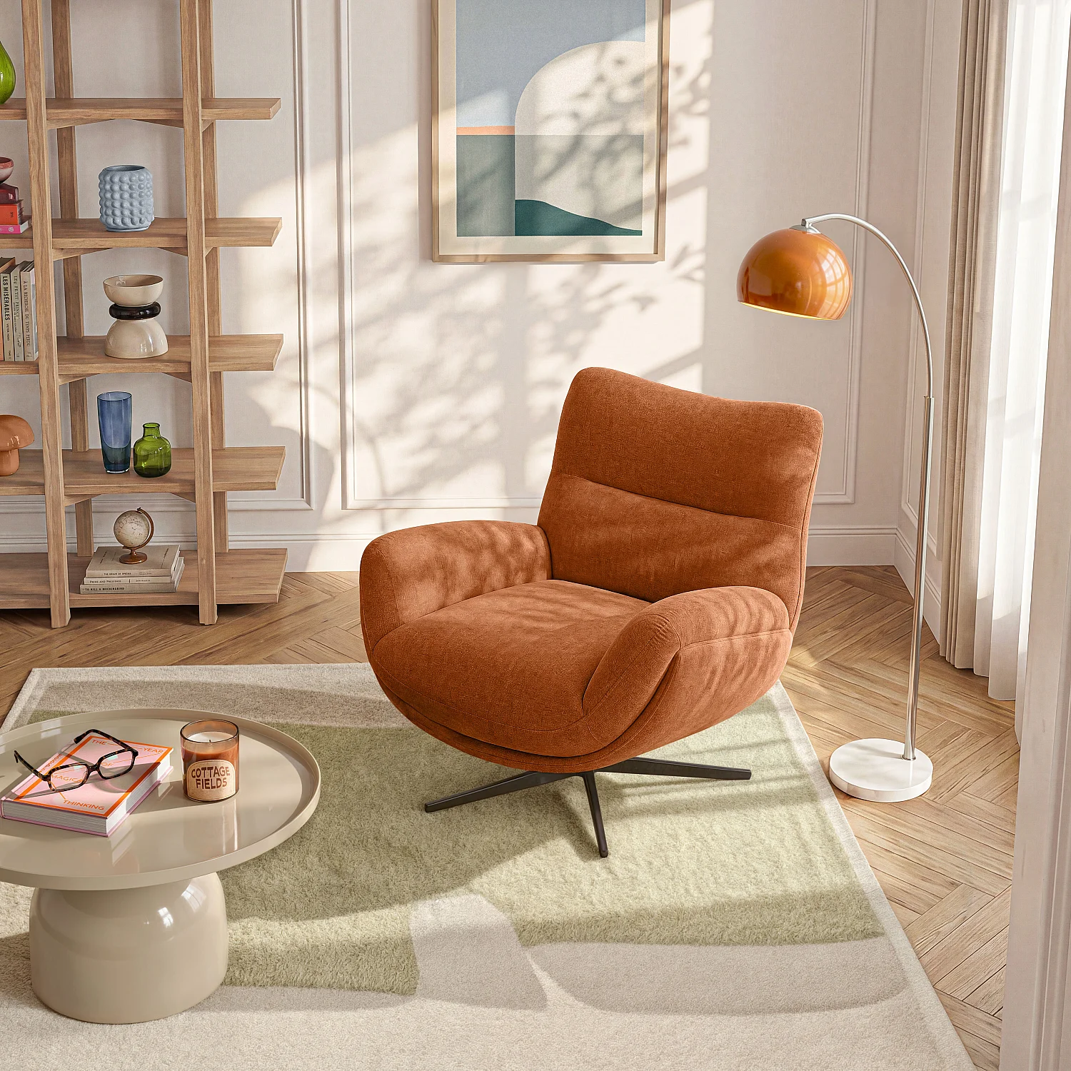 Fauteuil pivotant en tissu et métal noir - Terracotta - 1