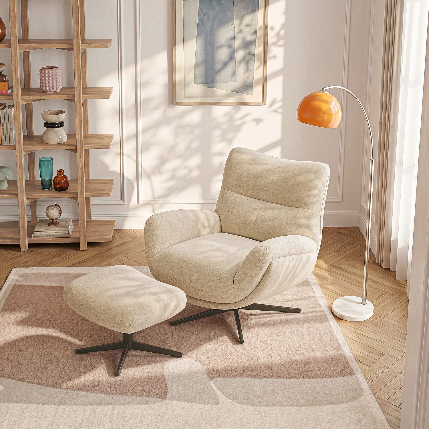 Fauteuil pivotant avec repose-pieds en tissu et métal noir - Beige - 1