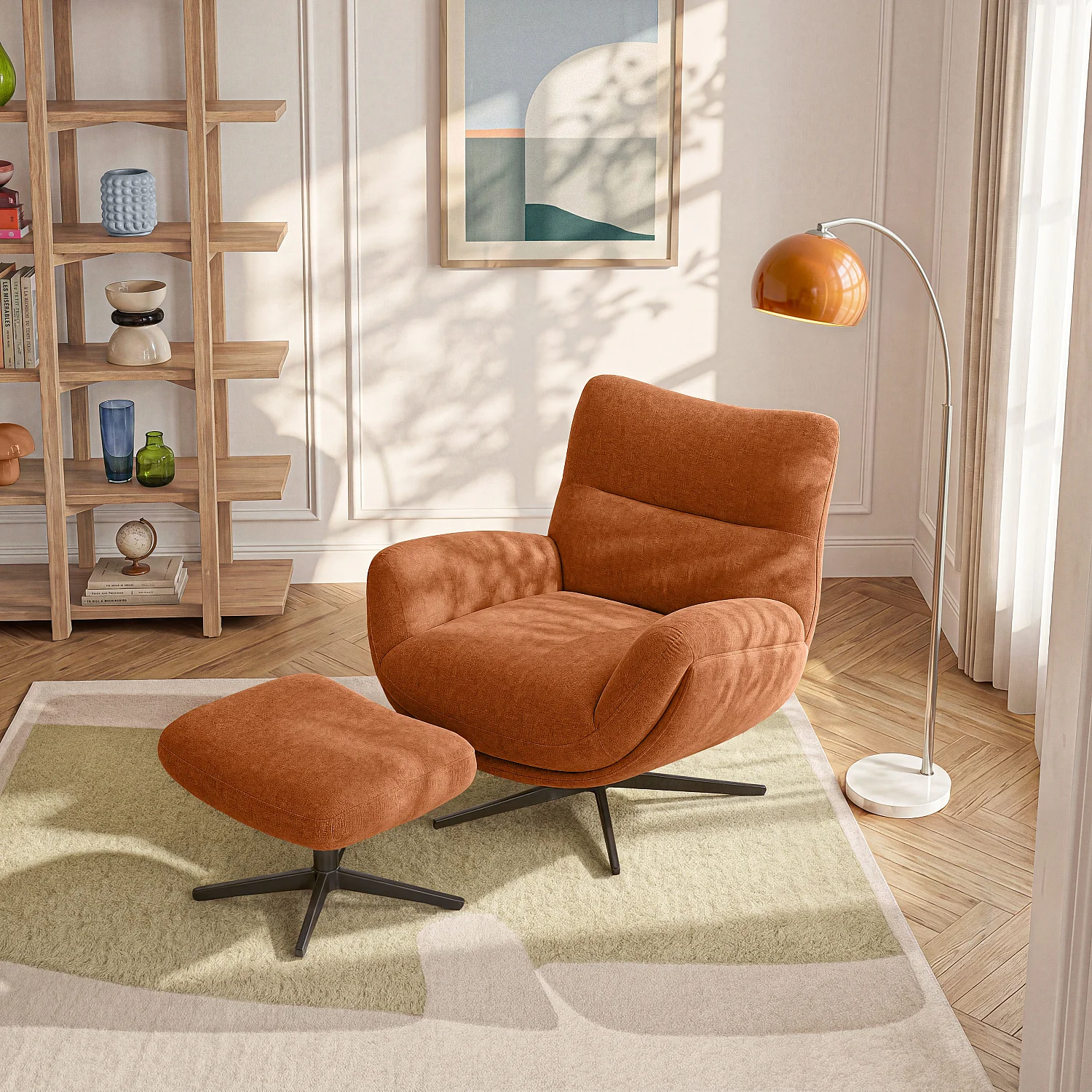 Fauteuil pivotant avec repose-pieds en tissu et métal noir - Terracotta - 1