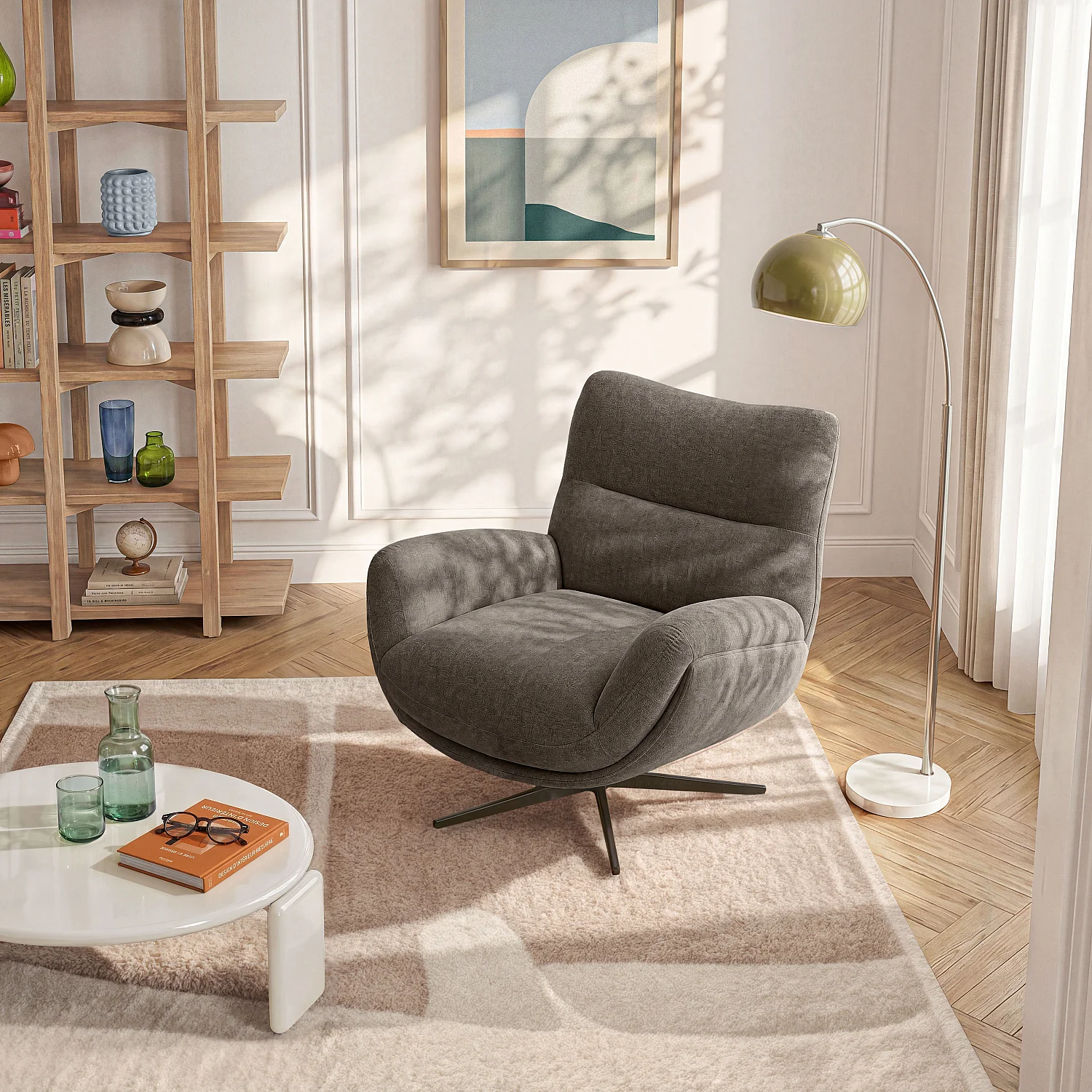 Fauteuil pivotant en tissu et métal noir - Taupe - 1
