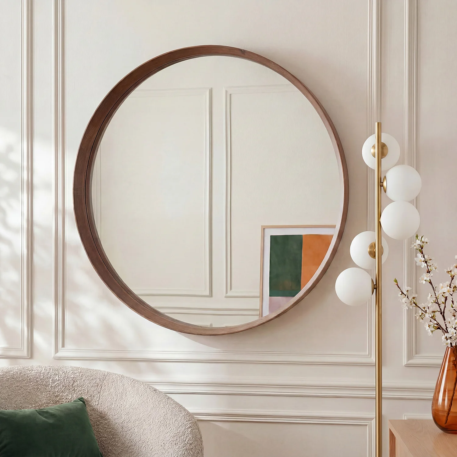 Miroir rond en chêne - 100 cm - Naturel foncé  - 1