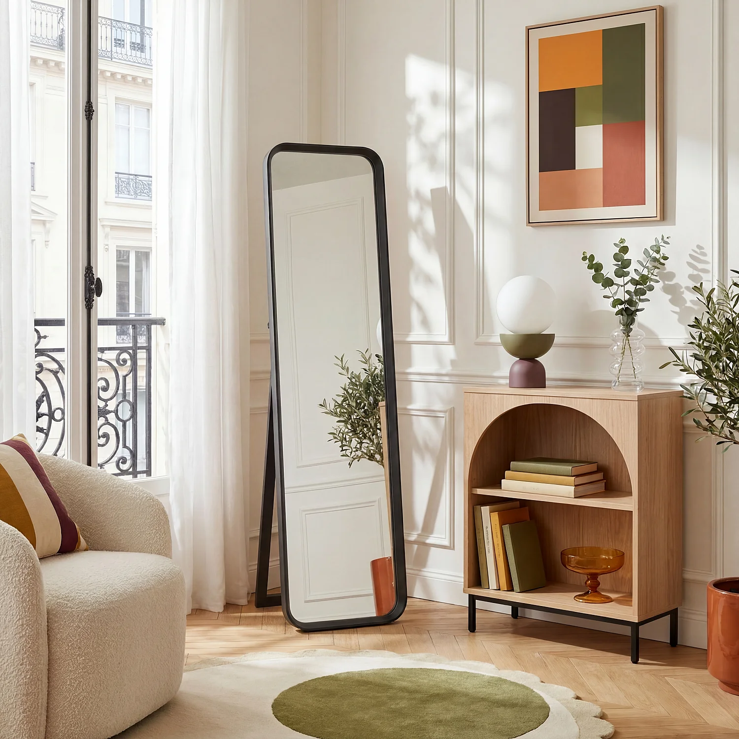 Miroir sur pied rectangulaire en chêne - 40 x 165 cm - Noir - 1