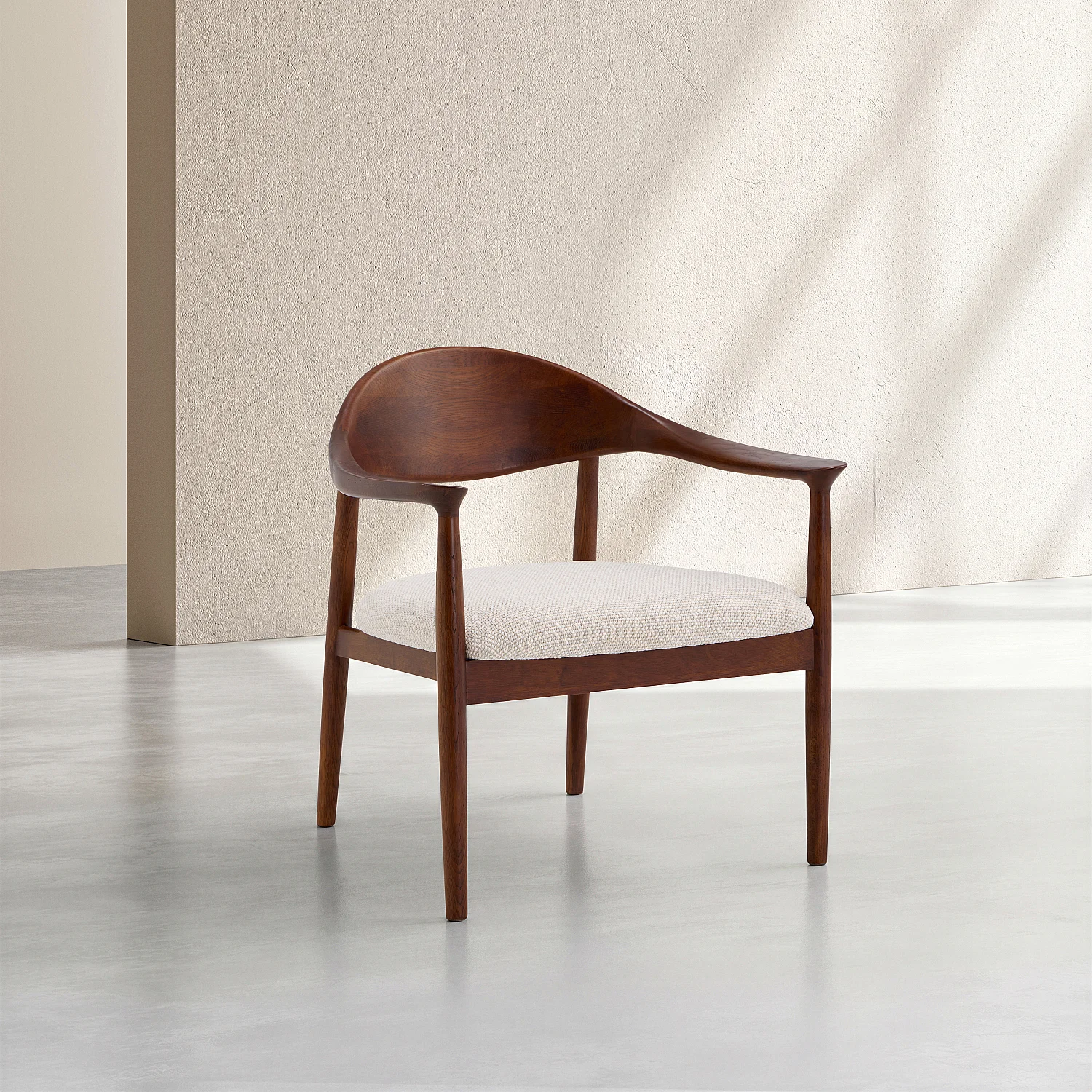 Fauteuil en tissu texturé et noyer massif avec accoudoirs - Crème mélangé - 3
